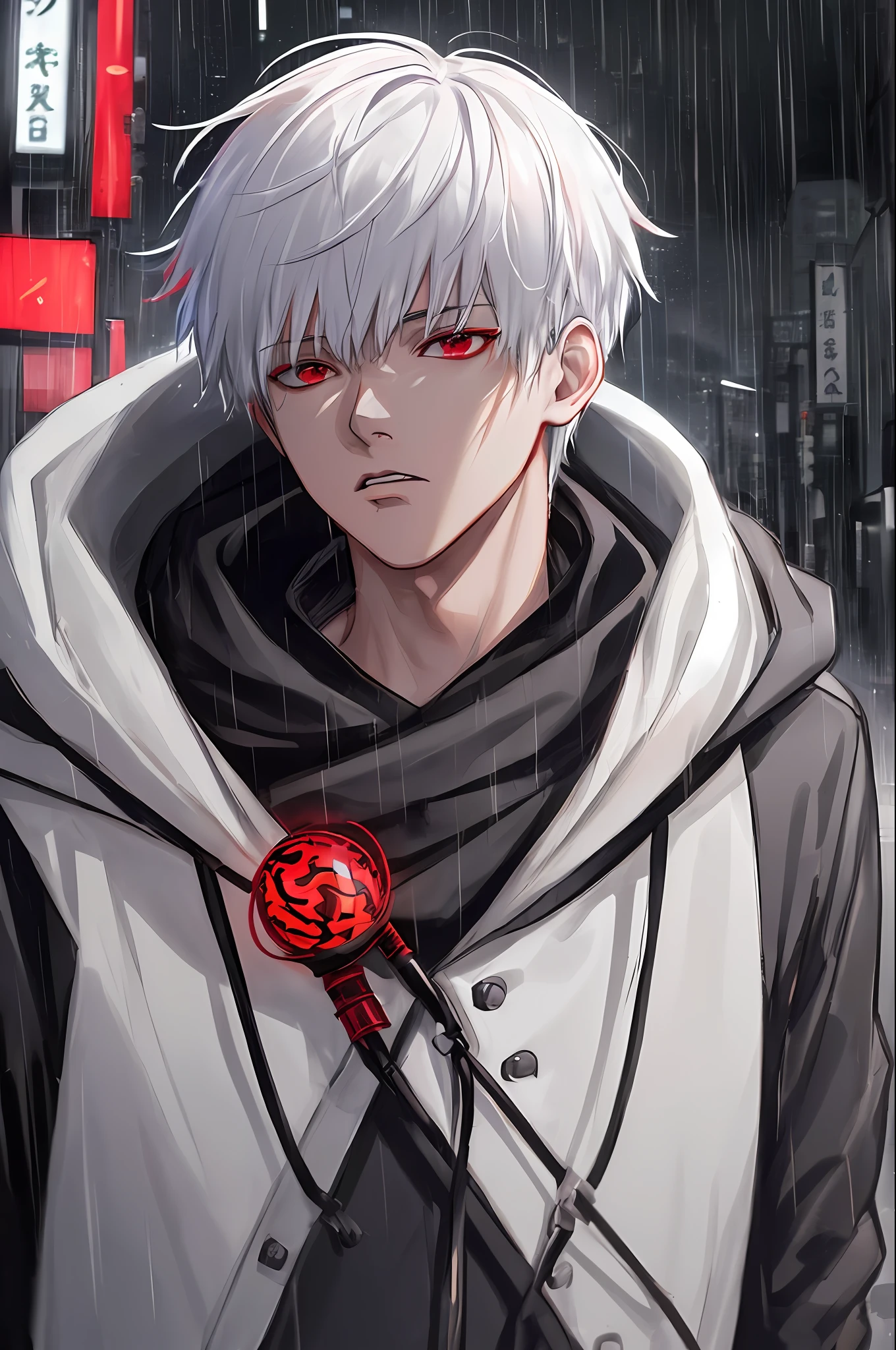 kk, best quality, more details, masterpiece, 1boy, kaneki ken, portrait, male focus, red eyes, solo, bangs, looking at viewer, hood, short hair, rain, tokyo tokyo \(city\),  hood up, nail polish, white hair, luxurious, 8k, detailed, ray tracing, depth of field, cinematic lighting,