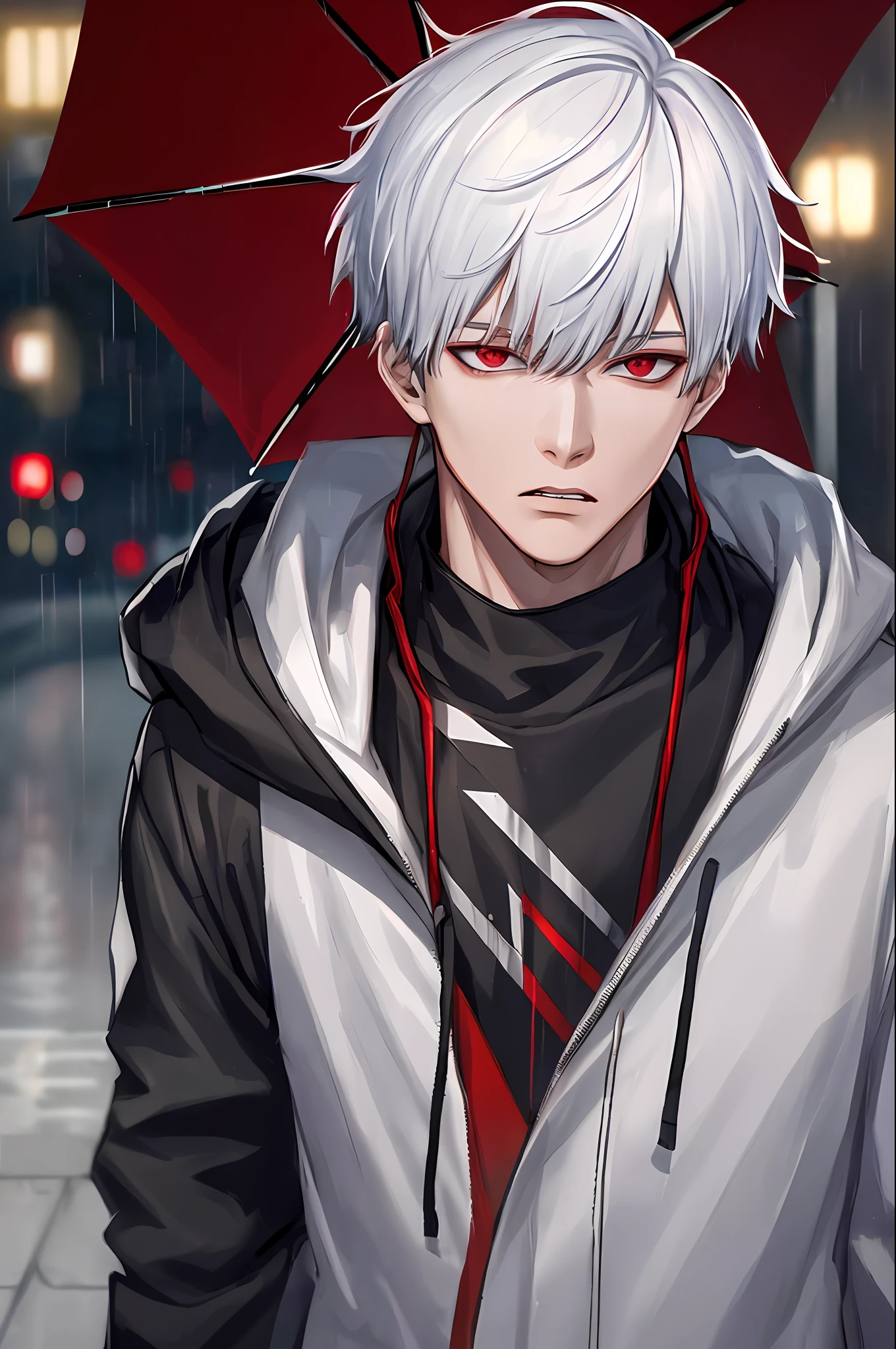 kk, best quality, more details, masterpiece, 1boy, kaneki ken, portrait, male focus, red eyes, solo, bangs, looking at viewer, hood, short hair, rain, tokyo tokyo \(city\),  hood up, nail polish, white hair, luxurious, 8k, detailed, ray tracing, depth of field, cinematic lighting,