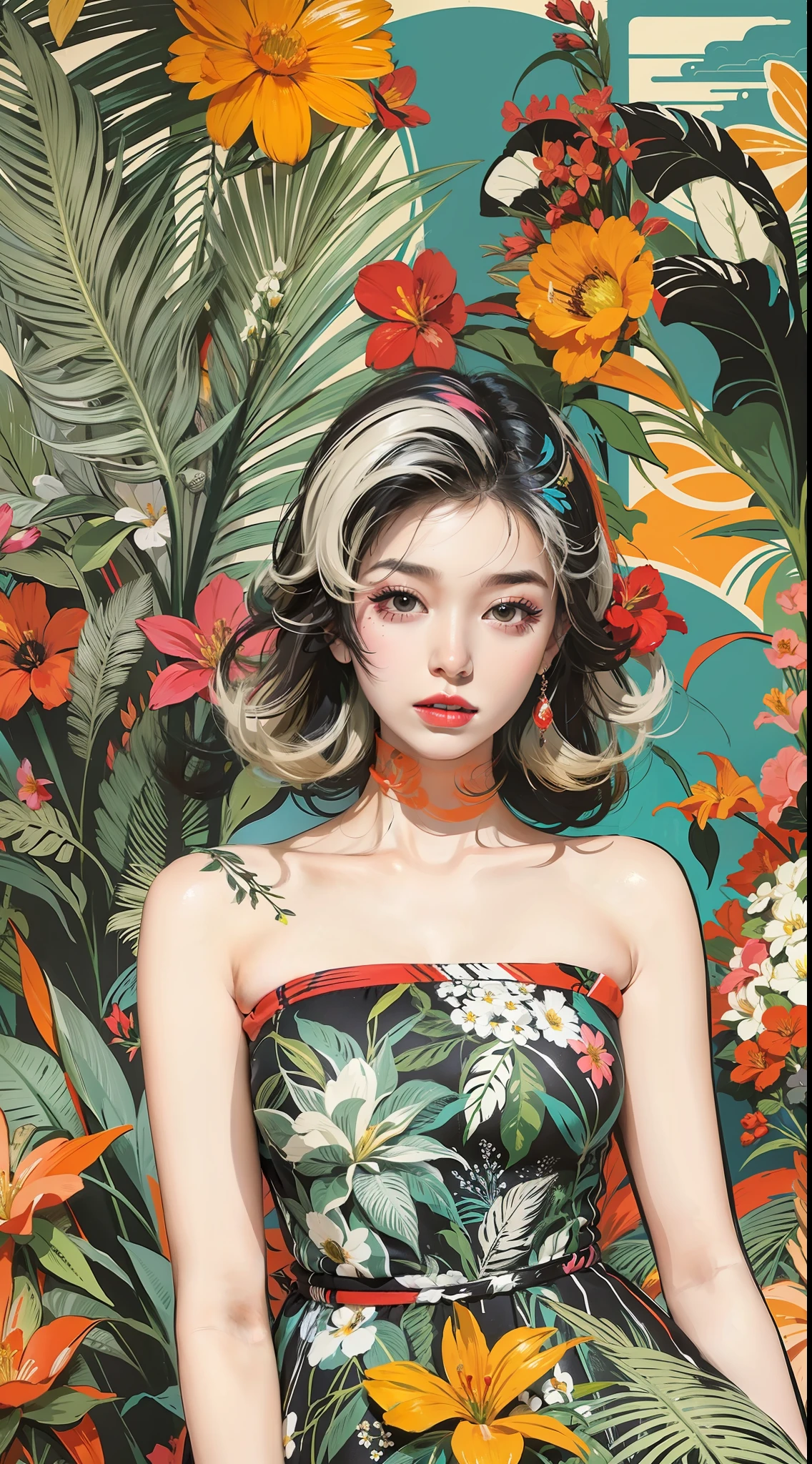 Create a digital art work in pop art style, featureing a vibrant and confident woman with bold makeup and colorfull fashion, cinematic color scheme, surrounded by vintage flowers patterns, energtic brushstrokes,the mood should be dynamic, upper body, drawing, illustration, grayscale, tropical, adubon fruits, adubon plants, many flowers, vector, painting oil, asian girl, black eye