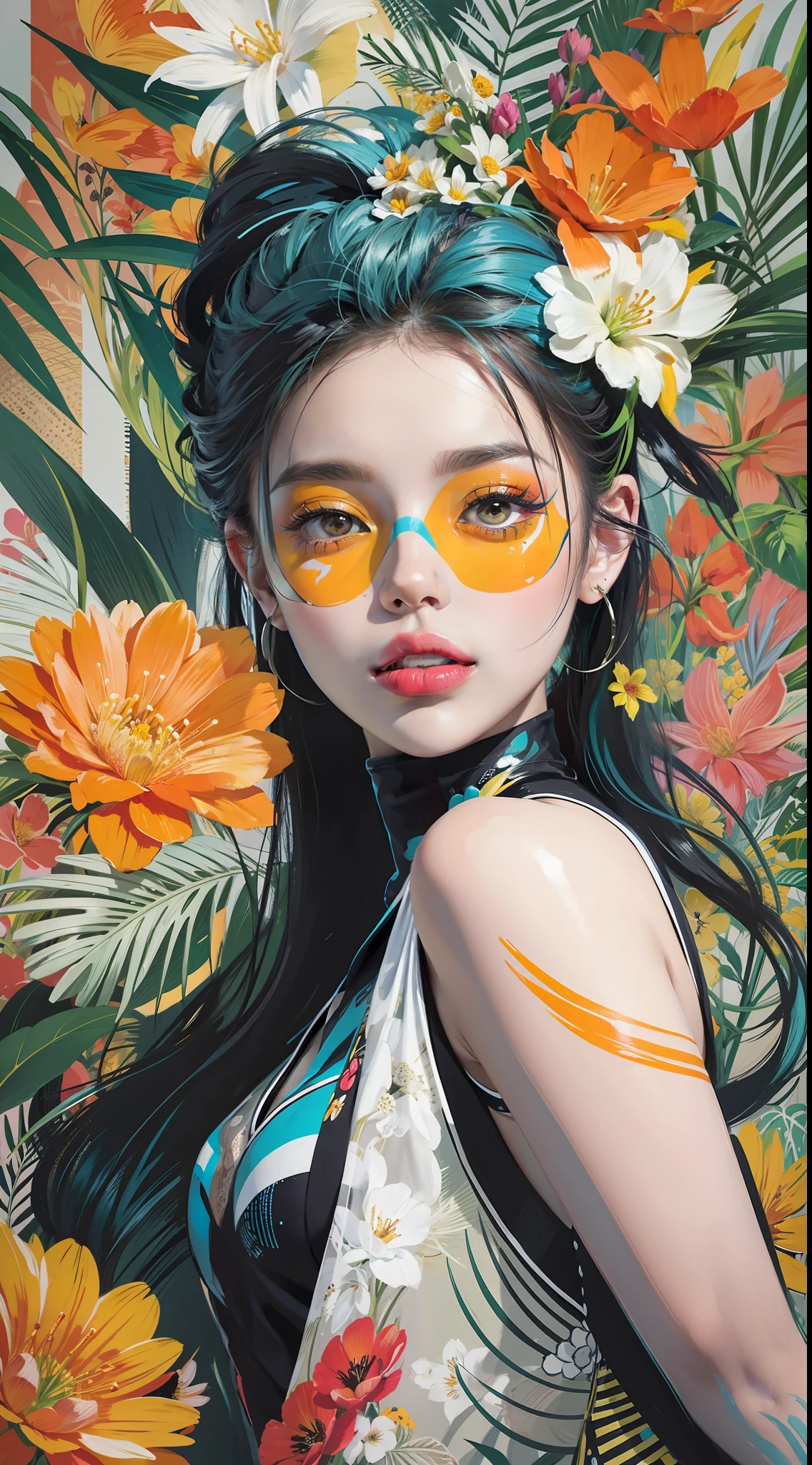 Create a digital art work in pop art style, featureing a vibrant and confident woman with bold makeup and colorfull fashion, cinematic color scheme, surrounded by vintage flowers patterns, energtic brushstrokes,the mood should be dynamic, upper body, drawing, illustration, grayscale, tropical, adubon fruits, adubon plants, many flowers, vector, painting oil, asian girl, black eye