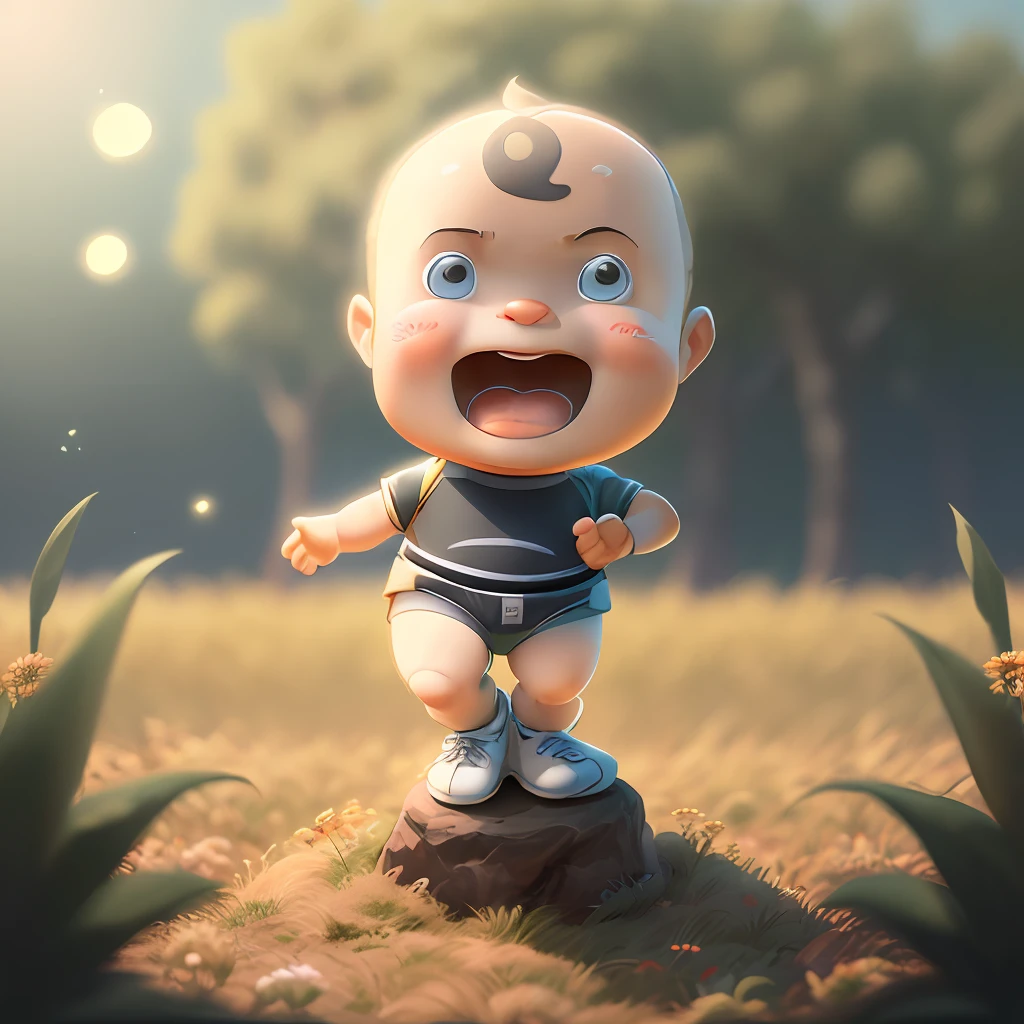 Cartoon babies on diapers,Plastic texture ,Extreme plastic texture, kewpie, human babies, fetus, an animated character, Wear a student uniform,Cute boy, Black color hair,Detailed hair details, Cute cartoon character, bblurry,No_Humanity,depth of fields,grassy fields,wildflowers,bright sun,Natural light(8K,RAW photos,best qualtiy,tmasterpiece:1.2)