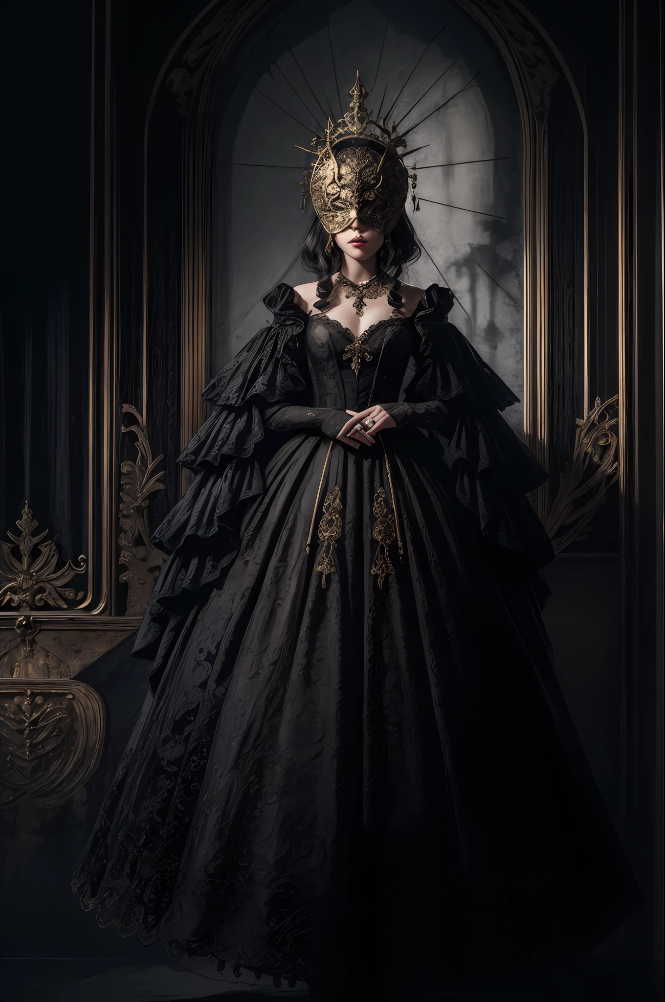 A woman wearing a gold blind mask, Gothic dress, Adornos de encaje, Tono mapeado, Detallado, Altamente detallado,1mujer , V0id3nergy, surgery, brillante, cabeza, en_..jar, agua, sangre_buques,, (obra maestra: 1.3), (mejor_Quality: 1.3), (ultra_detallado: 1.3), 8k, sumamente_Claro, realismo, (ultrarrealista: 1.3), detalles locos, Detalles entrencados, hiperdetallado, ultra detallado, extremadamente detallado, highest detailed, alto_detalle, colorido, hermoso, HDR, fotorrealista, Altas Resoluciones, ultra_alto_nada, Cinematographer, aesthetic, sumamente_delicado,(Arte de terror, terror), Altas Resoluciones, 16k, ..RAW, Ultra Highnada, Ultra detalles, detalles fenos, una sombra extremadamente delicada y hermosa, extremadamente detallada, real,
realista, foto altamente detallada, award winning glamour photograph,