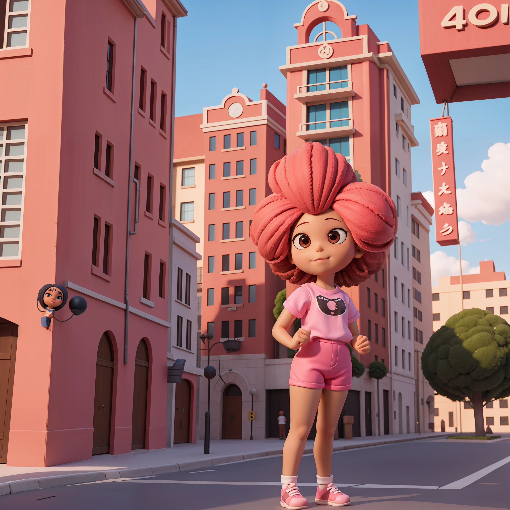 Chibi, boneca  afro:4.32, dos desenhos animados com cabelo castanho olhos castanhos levemente cintilantes, up hands, pink shorts standing in front of a building,