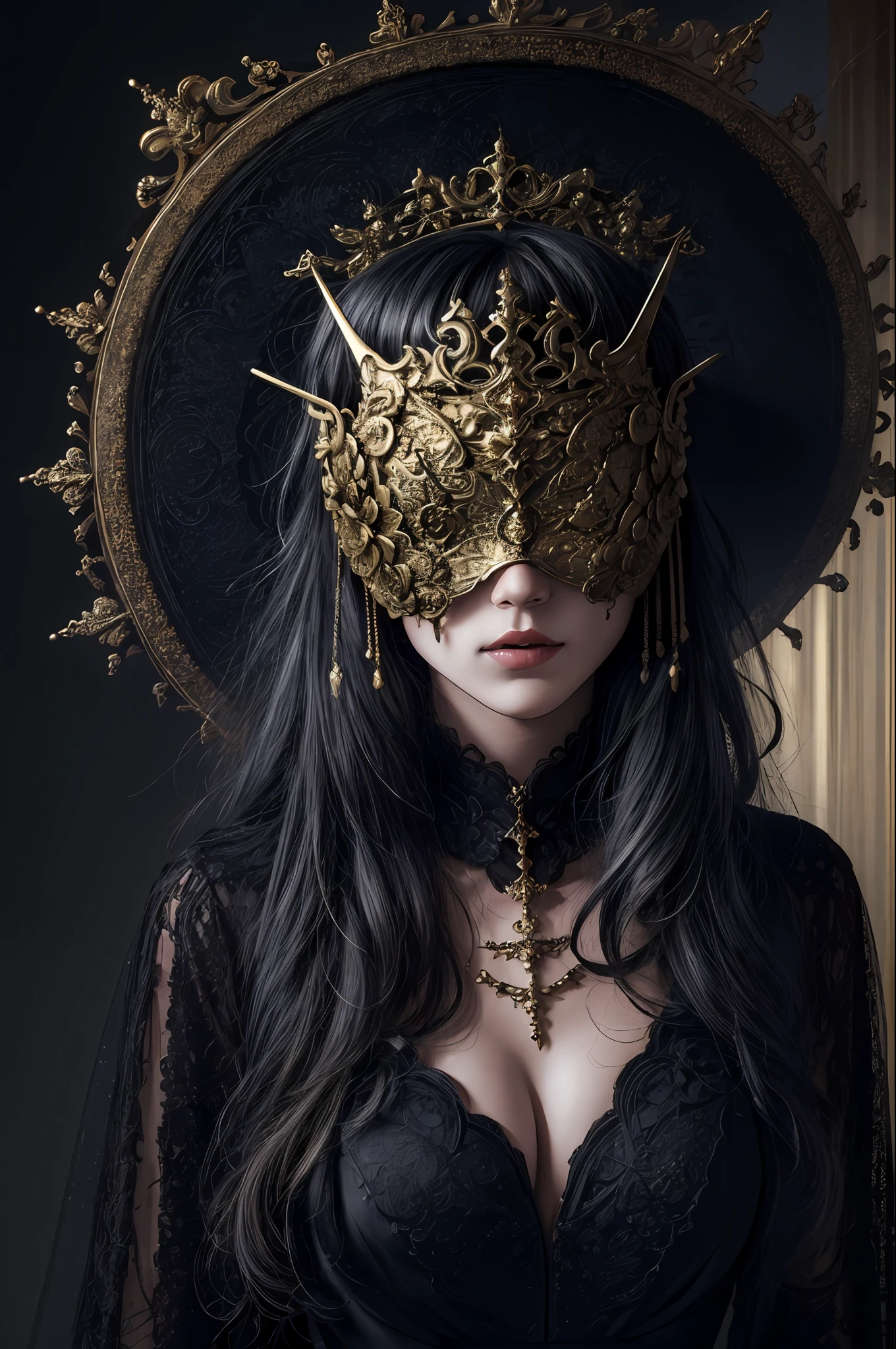 A woman wearing a gold blind mask, Gothic dress, Adornos de encaje, Tono mapeado, Detallado, Altamente detallado,1mujer , V0id3nergy, surgery, brillante, cabeza, en_..jar, agua, sangre_buques,, (obra maestra: 1.3), (mejor_Quality: 1.3), (ultra_detallado: 1.3), 8k, sumamente_Claro, realismo, (ultrarrealista: 1.3), detalles locos, Detalles entrencados, hiperdetallado, ultra detallado, extremadamente detallado, highest detailed, alto_detalle, colorido, hermoso, HDR, fotorrealista, Altas Resoluciones, ultra_alto_nada, Cinematographer, aesthetic, sumamente_delicado,(Arte de terror, terror), Altas Resoluciones, 16k, ..RAW, Ultra Highnada, Ultra detalles, detalles fenos, una sombra extremadamente delicada y hermosa, extremadamente detallada, real,
realista, foto altamente detallada, award winning glamour photograph,