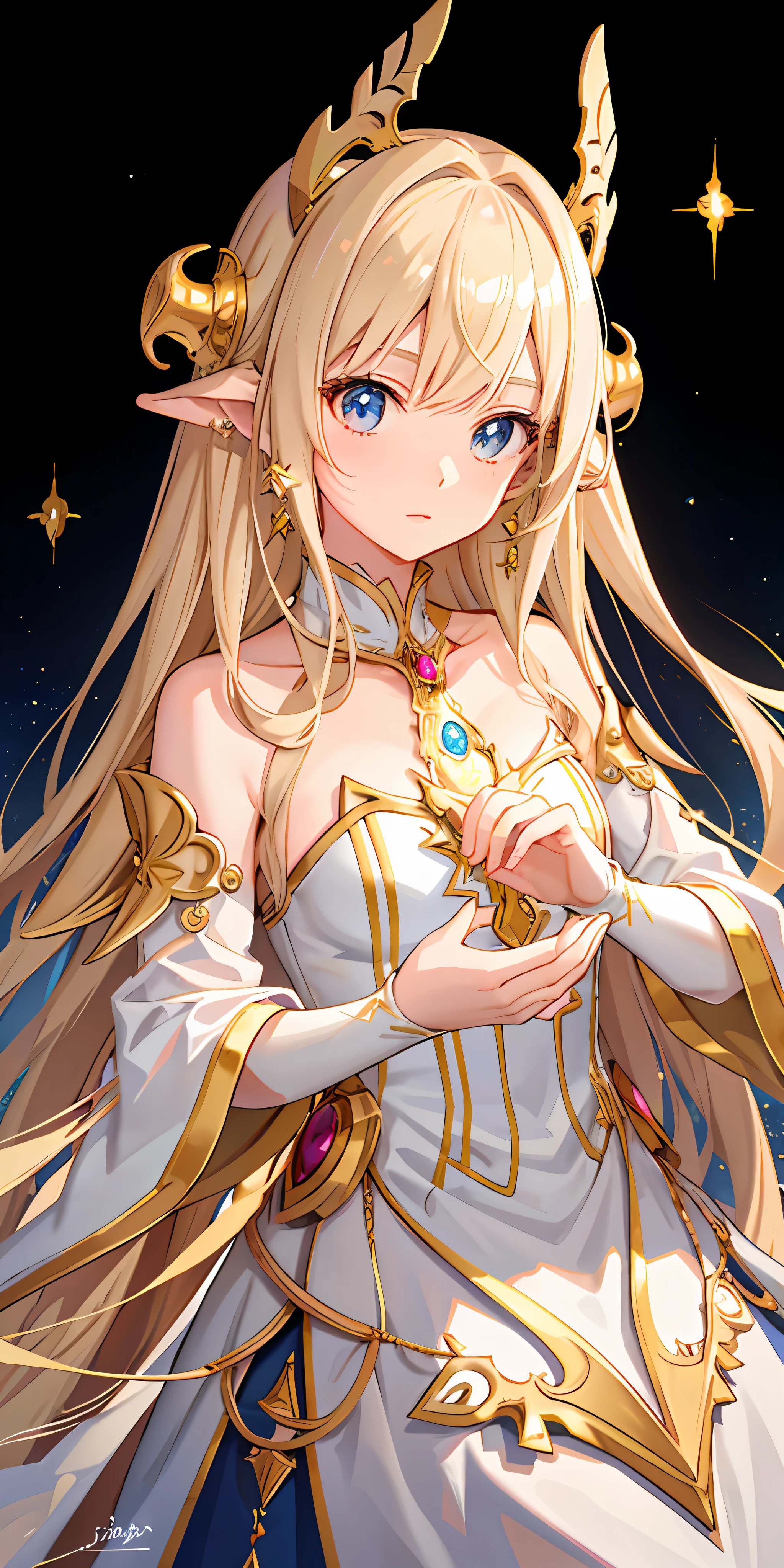 whaite hair，Anime shoujo，head gear，ear jewelry，Neck ornaments，hands ornaments，starryskybackground，magical staff，Golden light，high high quality，delicated，A high resolution，illustrious