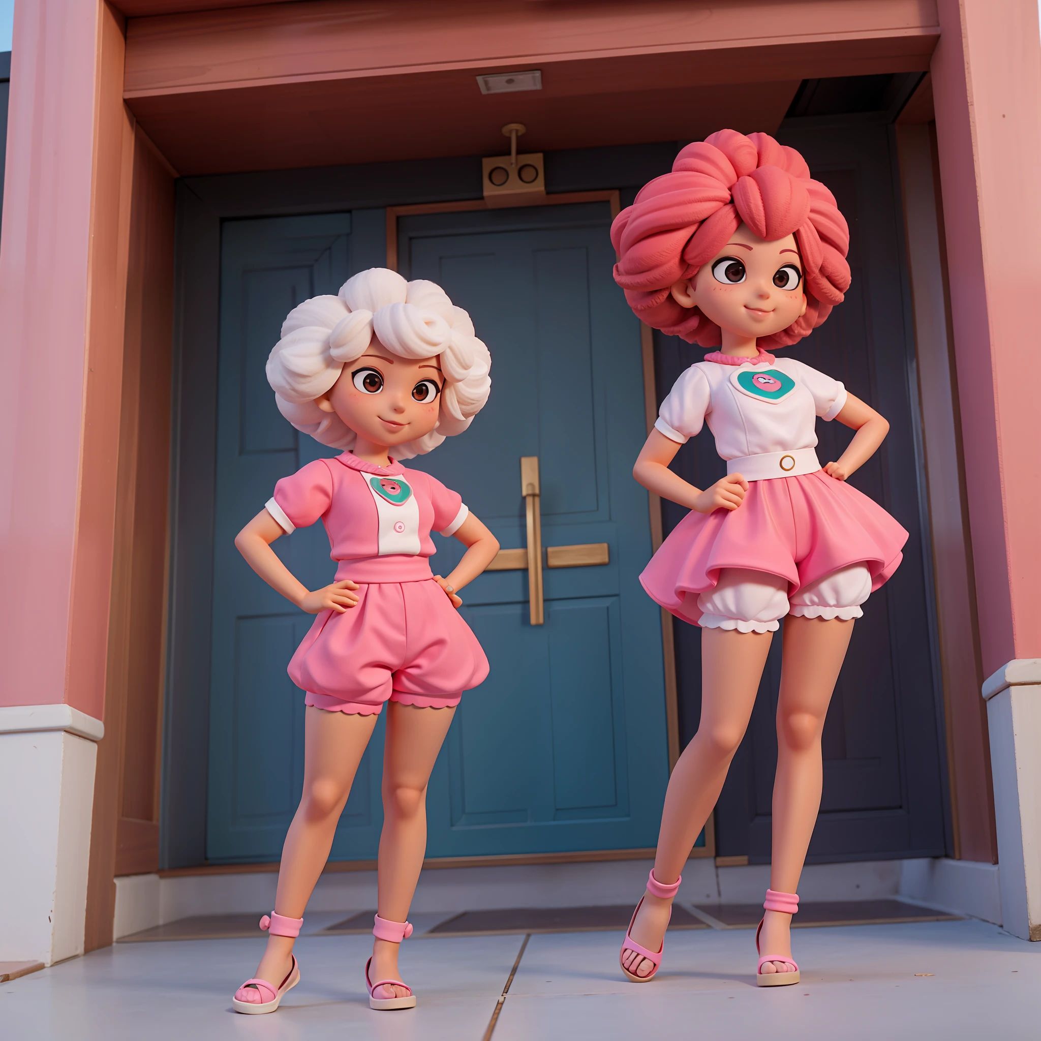 Chibi, boneca afro:4.32, dos desenhos animados com cabelo castanho olhos castanhos levemente cintilantes, up hands, pink shorts standing in front of a building,