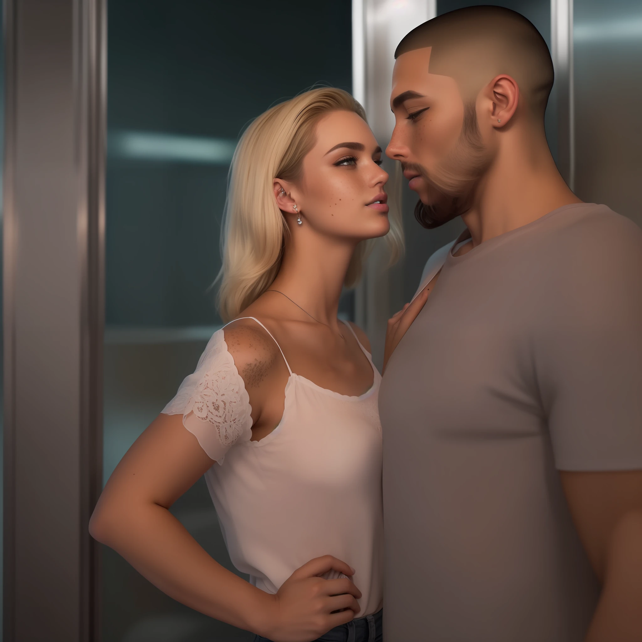 casal abracado se beijando na boca dentro de um elevador, um homem ((30 anos,pele caramelo, com cavanhaque, buzz cut)) E mulher ((americana, 25 anos, pale skin and freckles, olhos cinzas, nariz delicado, soft and delicate lips, cabelo blondie cinza longo e ondulado)), dinamic poses, ultrarrealista HD altamente renderizado fotorrealista, noite, luzes de neon