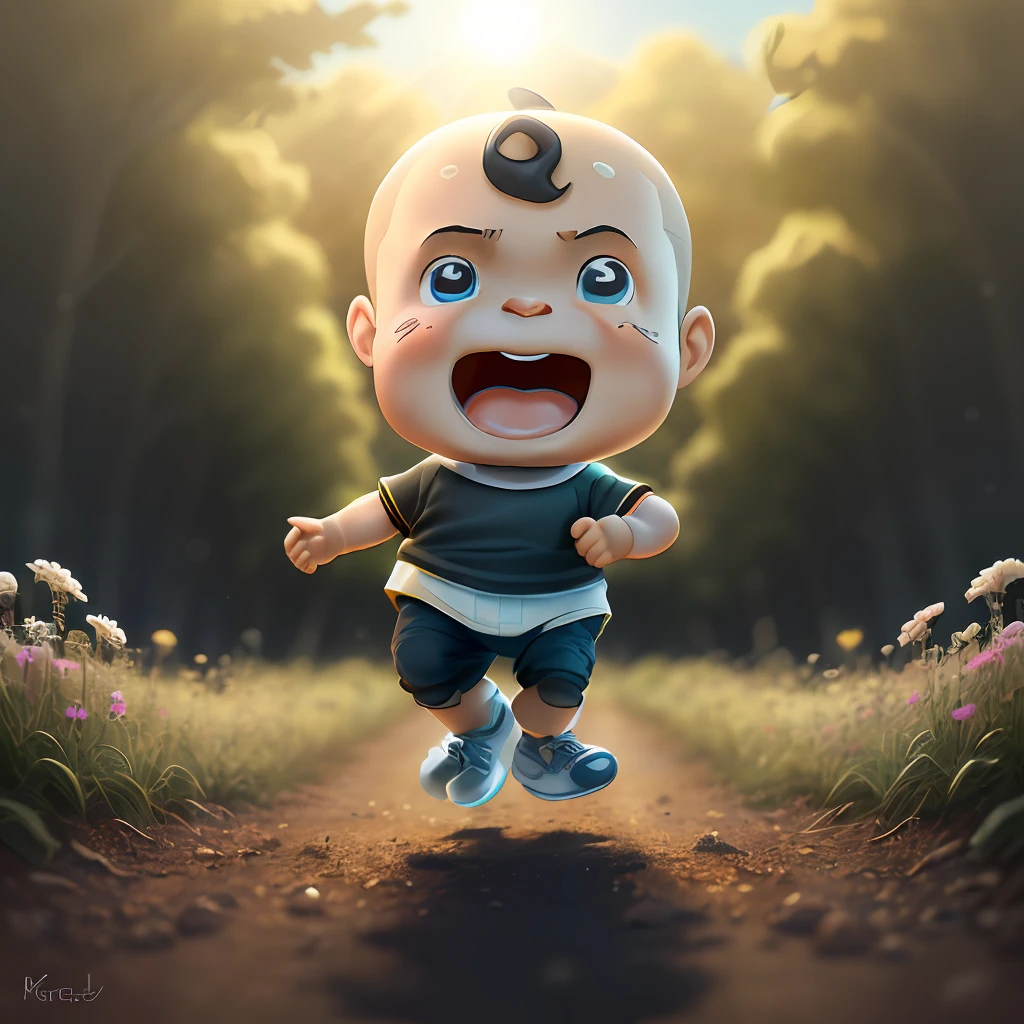 Cartoon babies on diapers，Plastic texture ，Ultimate plastic texture, kewpie, human babies, fetus, an animated character,  Wear a student uniform，Cute boy, Black color hair,Detailed hair details， Cute cartoon character, bblurry，No_Humanity，depth of fields，grassy fields，wildflowers，bright sun，Natural light（8K，RAW photos，best qualtiy，tmasterpiece：1.2）