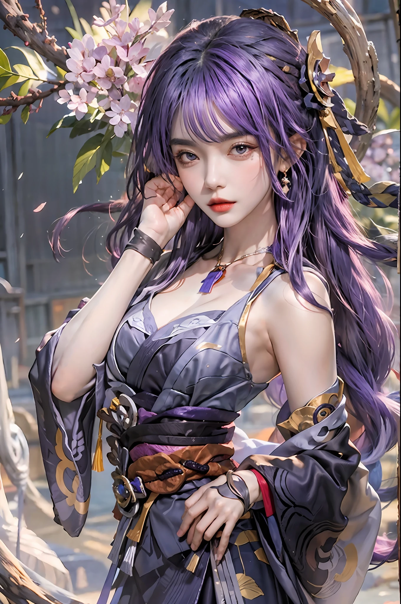 photorealistic, high resolution, 1women, solo, hips up, look at viewer, (detailed face), narrow waist, closed lips, purple hair, long hair,Raiden Shogun \(genshin impact\), jewelry