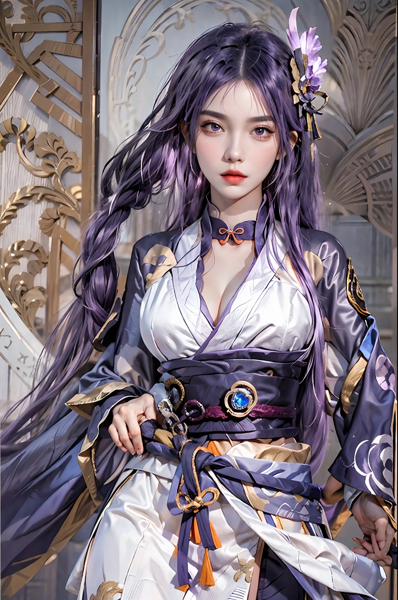 photorealistic, high resolution, 1women, solo, hips up, look at viewer, (detailed face), narrow waist, closed lips, purple hair, long hair,Raiden Shogun \(genshin impact\), jewelry