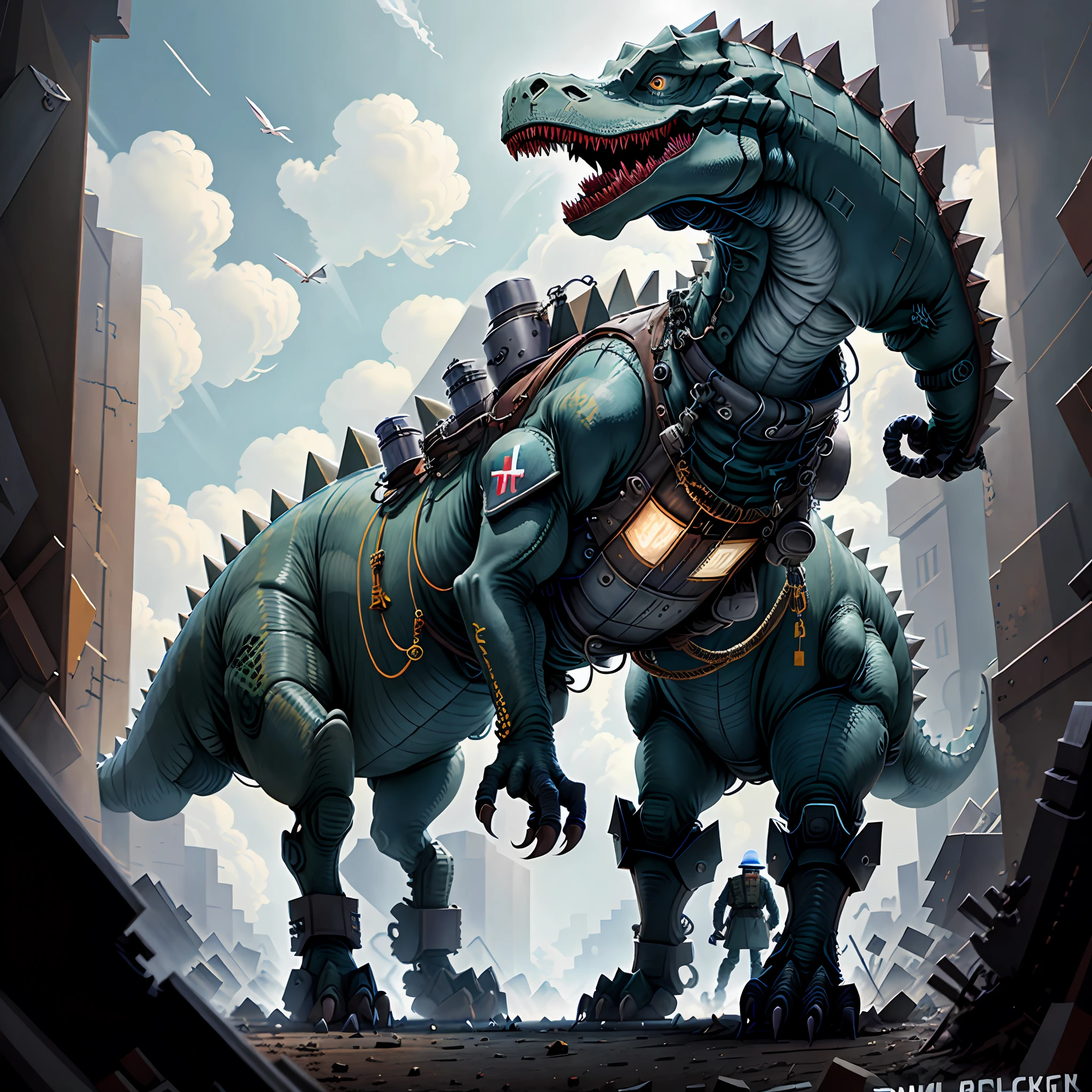 A pixel dinosaur dressed as a WWII soldier