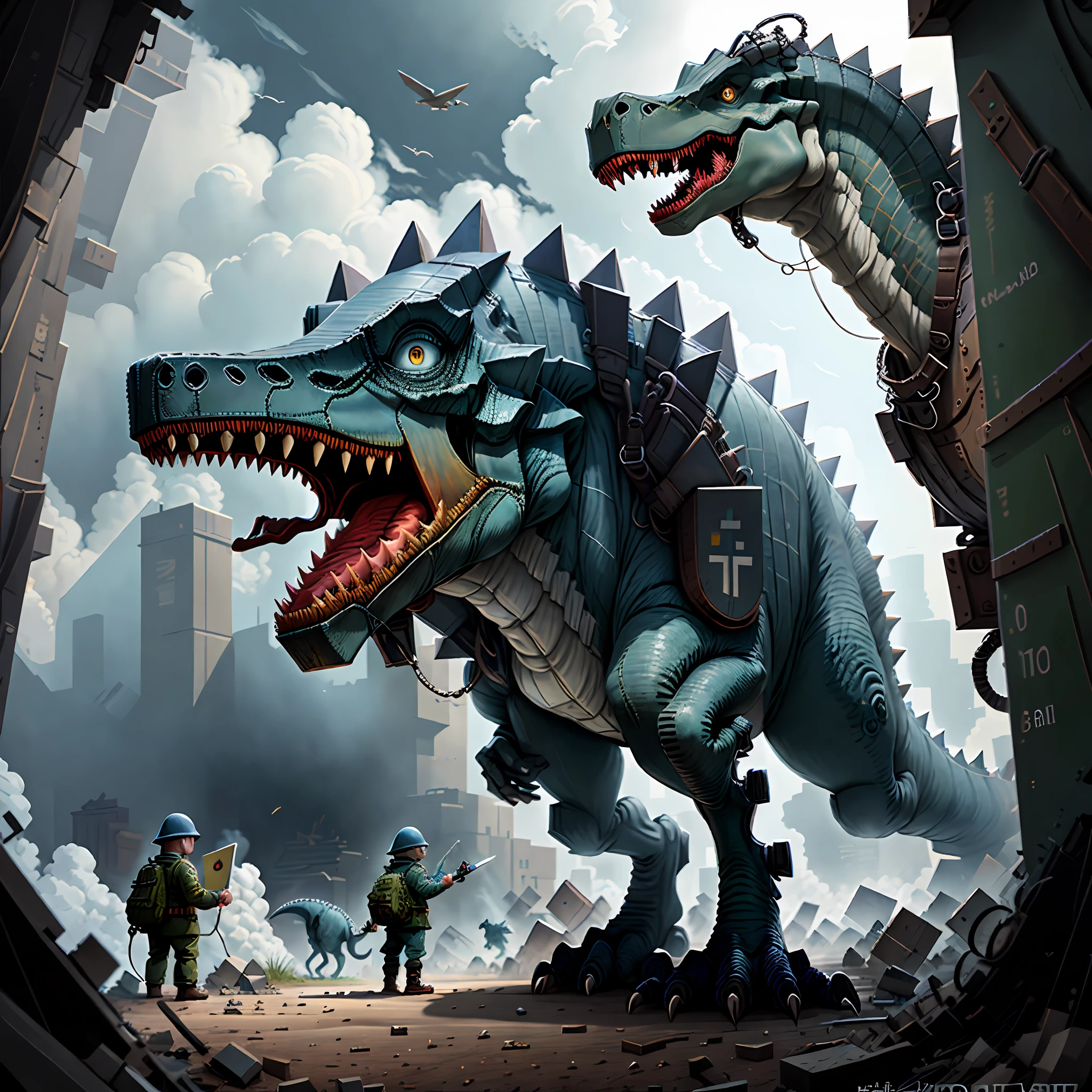A pixel dinosaur dressed as a WWII soldier