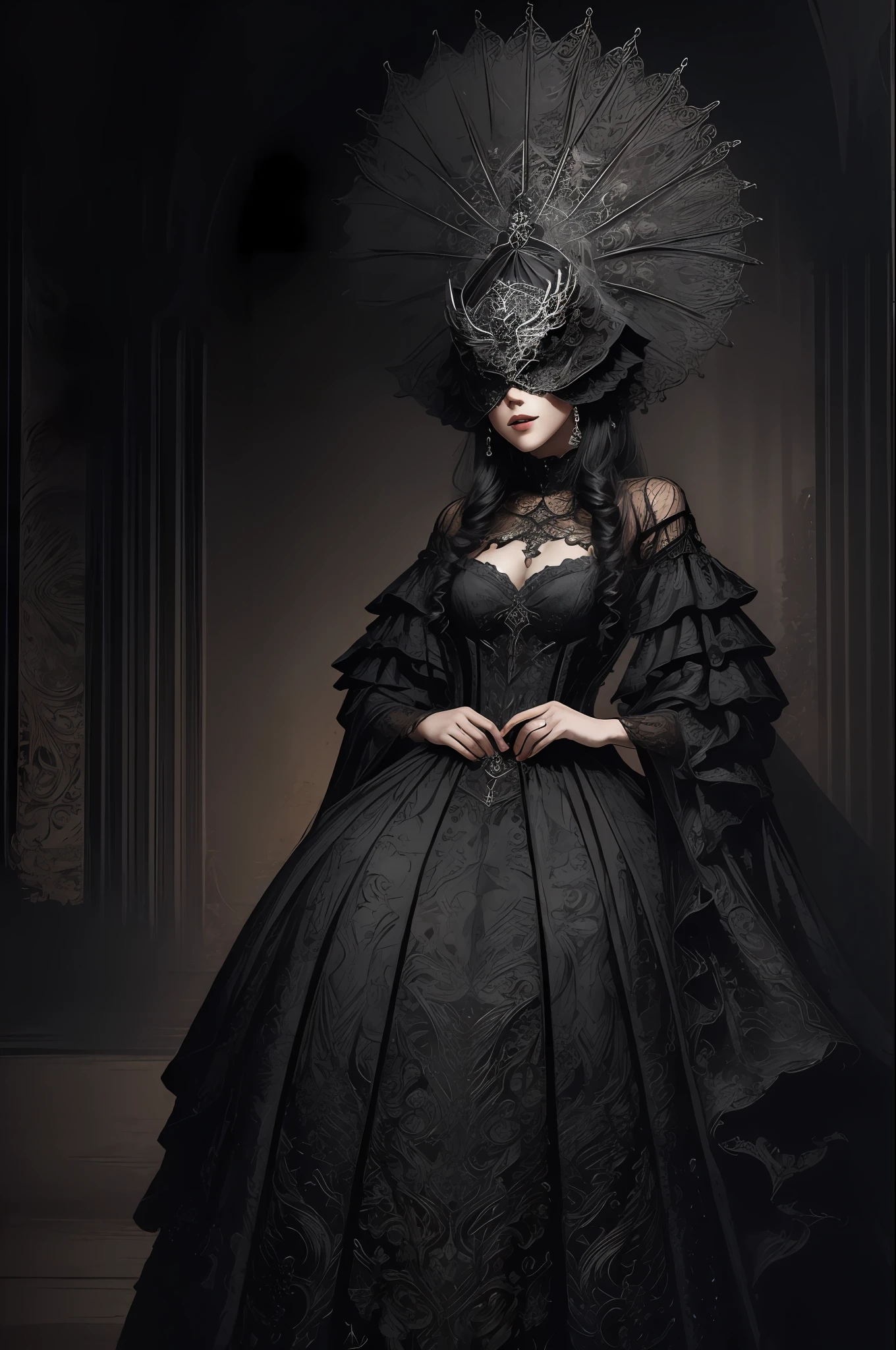 A woman wearing a silver blind mask, Gothic dress, Adornos de encaje, Tono mapeado, Detallado, Altamente detallado,1mujer , V0id3nergy, surgery, brillante, cabeza, en_..jar, agua, sangre_buques,, (obra maestra: 1.3), (mejor_Quality: 1.3), (ultra_detallado: 1.3), 8k, sumamente_Claro, realismo, (ultrarrealista: 1.3), detalles locos, Detalles entrencados, hiperdetallado, ultra detallado, extremadamente detallado, highest detailed, alto_detalle, colorido, hermoso, HDR, fotorrealista, Altas Resoluciones, ultra_alto_nada, Cinematographer, aesthetic, sumamente_delicado, ((Arte fractal)),colorido,
(Arte de terror, terror), Altas Resoluciones, 16k, ..RAW, Ultra Highnada, Ultra detalles, detalles fenos, una sombra extremadamente delicada y hermosa, extremadamente detallada, real,
realista, foto altamente detallada, award winning glamour photograph, fotorrealista,ciego pero, centered