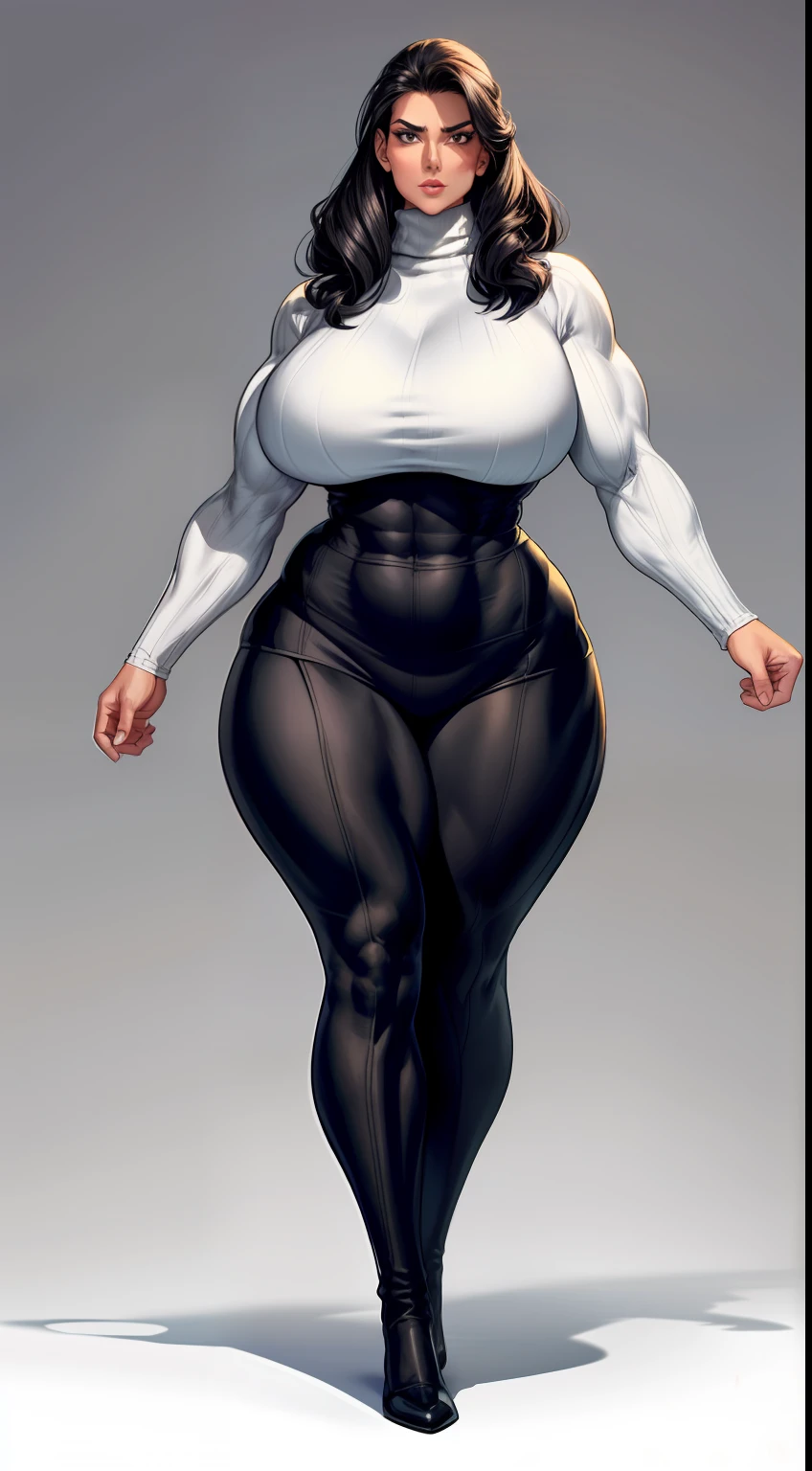 tmasterpiece,Burly woman,Exaggerated large muscles,Long-sleeved turtleneck sweater,blackstockings,standing on your feet, beautiful attractive face,Full body like, Single female,Very fair skin,Thin waist,Very broad shoulders, Strong and powerful arms,Stout arms,Strong and powerful leg muscles,looking to the camera