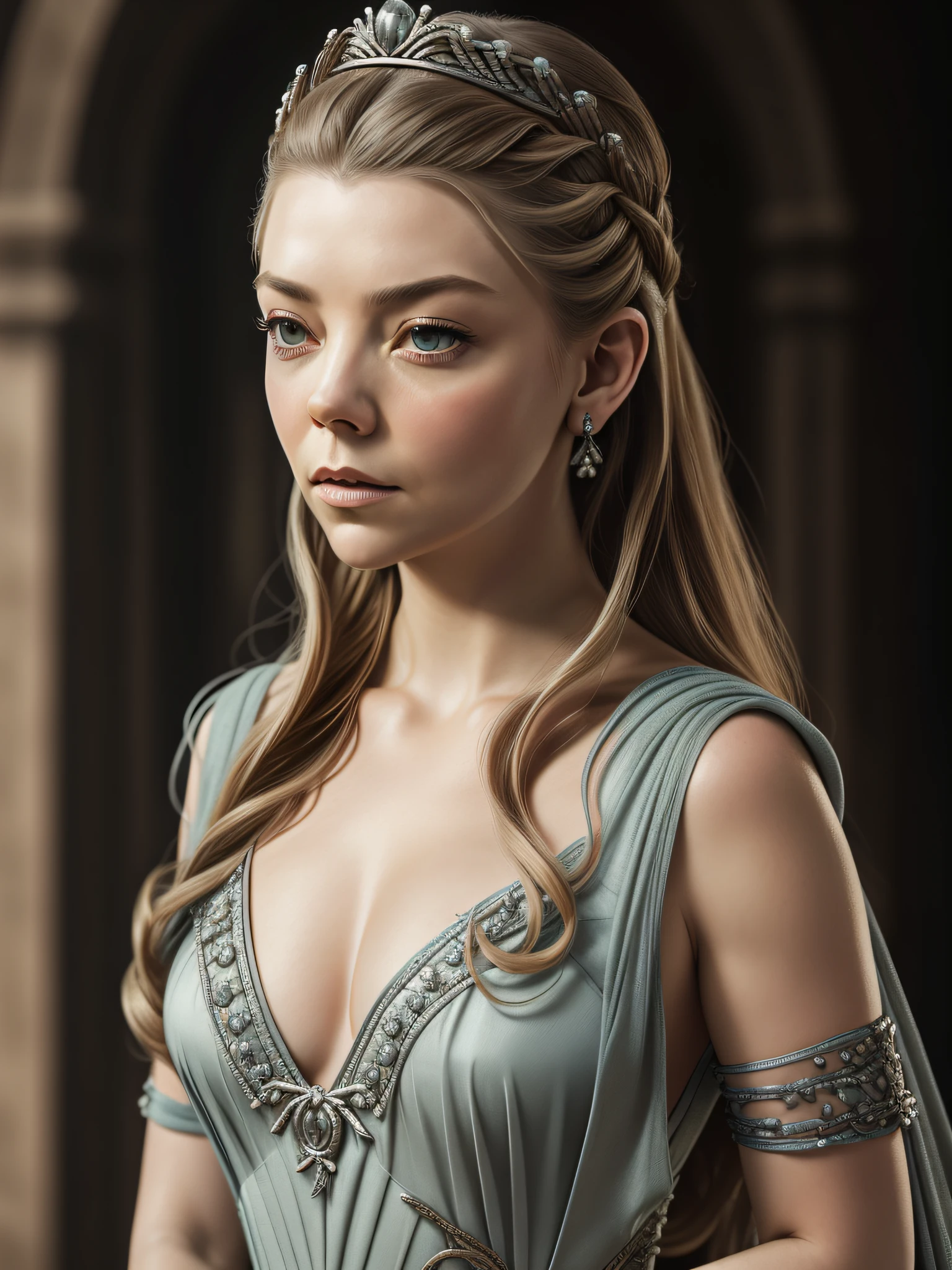 (Margaery Tyrell from the series "A Guerra dos Tronos"), inspirada em Natalie Dormer, auto retrato hiper-realista, 8k UHD, DSLR, grain of film, pintura fotorrealista Fujifilm XT3 arte midjourney, ((Auto retrato de corpo inteiro)),