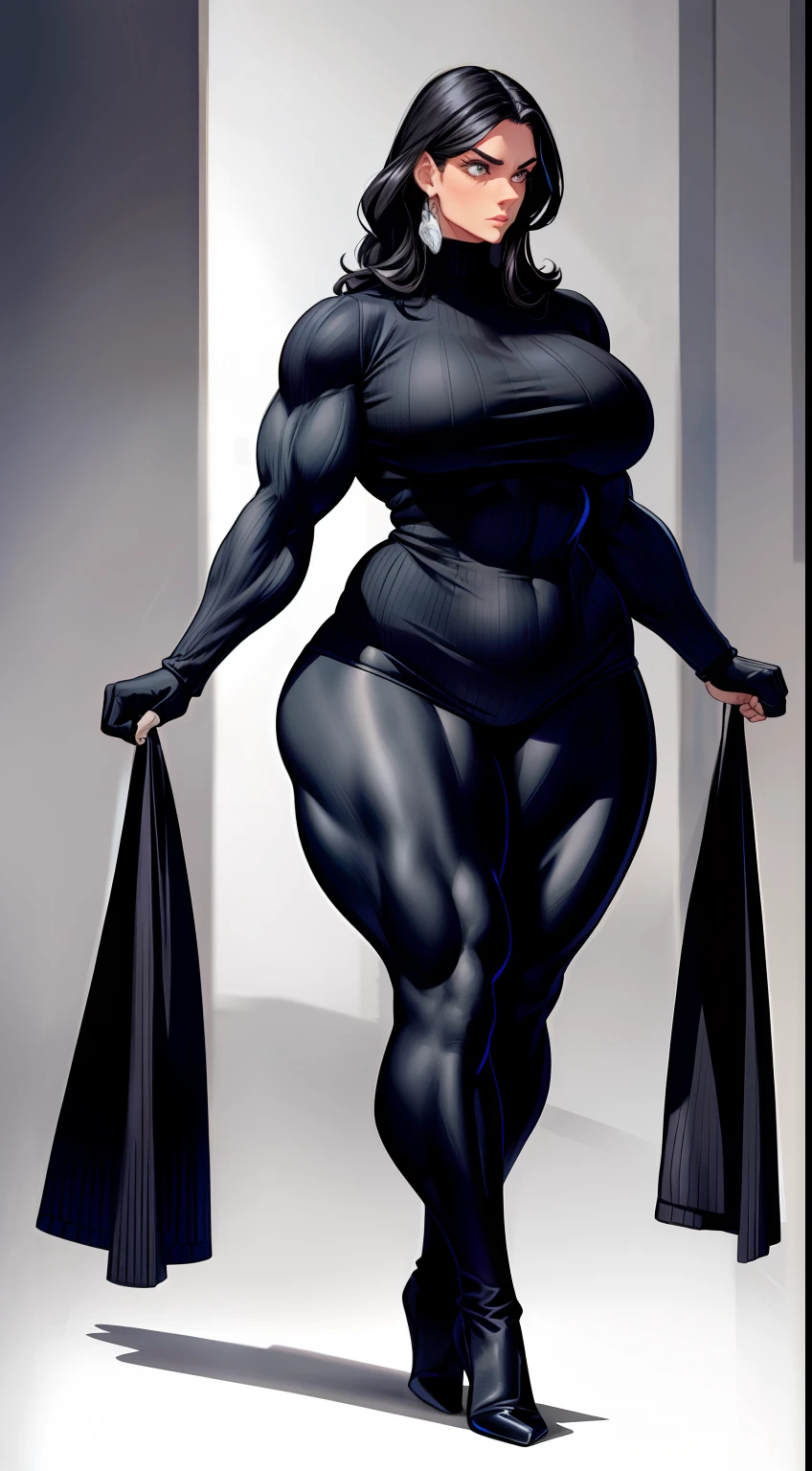 tmasterpiece,Burly woman,Exaggerated large muscles,Long-sleeved turtleneck sweater,blackstockings,standing on your feet, beautiful attractive face,Full body like, Single female,Very fair skin,Thin waist,Very broad shoulders, Strong and powerful arms,Stout arms,Strong and powerful leg muscles,looking to the camera