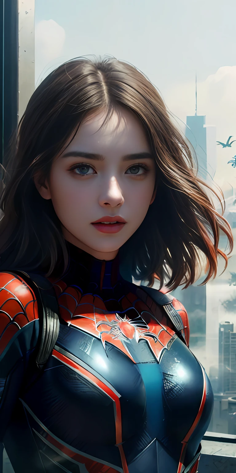 (1girl:1.3), Solo, (((Very detailed face)))), ((Very detailed eyes and face)))), Beautiful detail eyes, Body parts__, Official art, Unified 8k wallpaper, Super detailed, beautiful and beautiful, beautiful, masterpiece, best quality, original, masterpiece, super fine photo, best quality, super high resolution, realistic realism, sunlight, full body portrait, amazing beauty, dynamic pose, delicate face, vibrant eyes, (from the front), She wears Spider-Man suit, red and black color scheme, spider, very detailed city roof background, rooftop, overlooking the city, detailed face, detailed complex busy background, messy, gorgeous, milky white, highly detailed skin, realistic skin details, visible pores, clear focus, volumetric fog, 8k uhd, DSLR, high quality, film grain, fair skin, photo realism, lomography, futuristic dystopian megalopolis, translucent