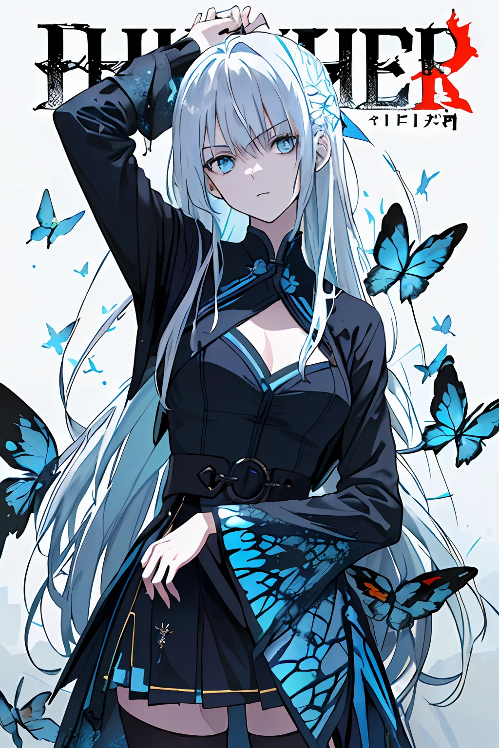((((Dramatic))), (((grittiness))), (((Intense))) The movie poster features a young woman as the central character。long white hair,blue color eyes,Blue butterflies fly,She stands confidently in the center of the poster,Wear fashion-forward blue clothing,with a determined expression on her face。The background is dark and gritty,There is a sense of danger and a strong feeling。The color palette is dominated by dark colors,Dotted with bright colors,Make the poster dynamic and visually striking,tachi-e (Magazines:1.3), (Cover-style:1.3), Fashionab, woman, vibrant, Outfit, posing on a, Front,rich colourful,dyna,Background with,element in,self-assured,Expressing the,halter,statement,Attachment,A majestic,coil,Runt,Touching pubic area,Scenes,text,Cover of a,boldness,attention-grabbing,titles,Fashionab,,more big,Smart、moderno、Trendy、focus-on、Fashionab、