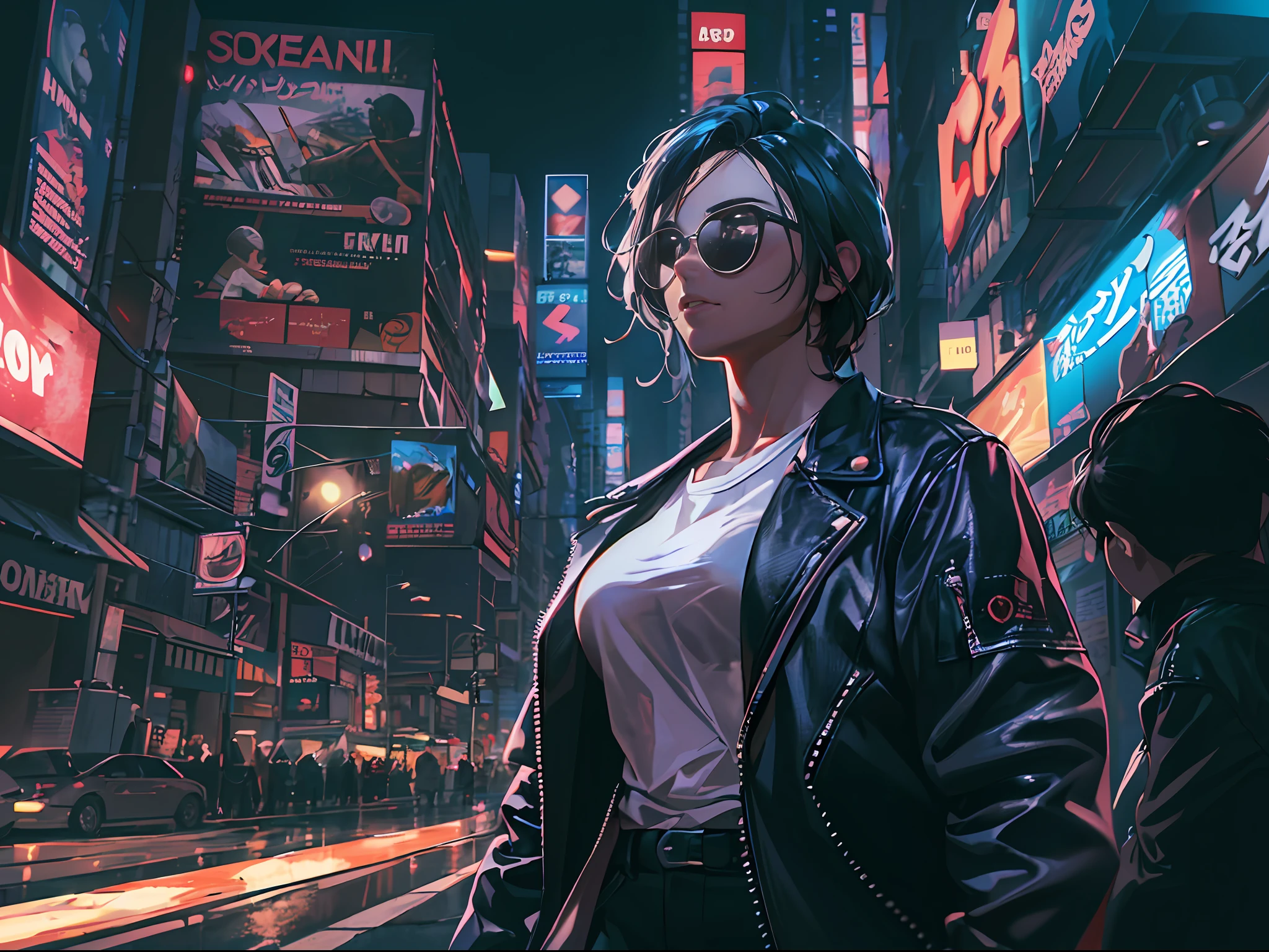 ((Best quality, 8K, Masterpiece: 1.4)),((Amazing detail: 1.3)),((illustration, Hairstyle Casual: 1.2)),((High resolution: 1.1)), GTA, American comics,cyberpunk,city,neon light,midnight,cool,movie cover,punk,future style,poster style,thick,chiaroscuro, depth of field, cinematic lighting, motion blur, lens flarechiaroscuro, depth of field, cinematic lighting, motion blur,