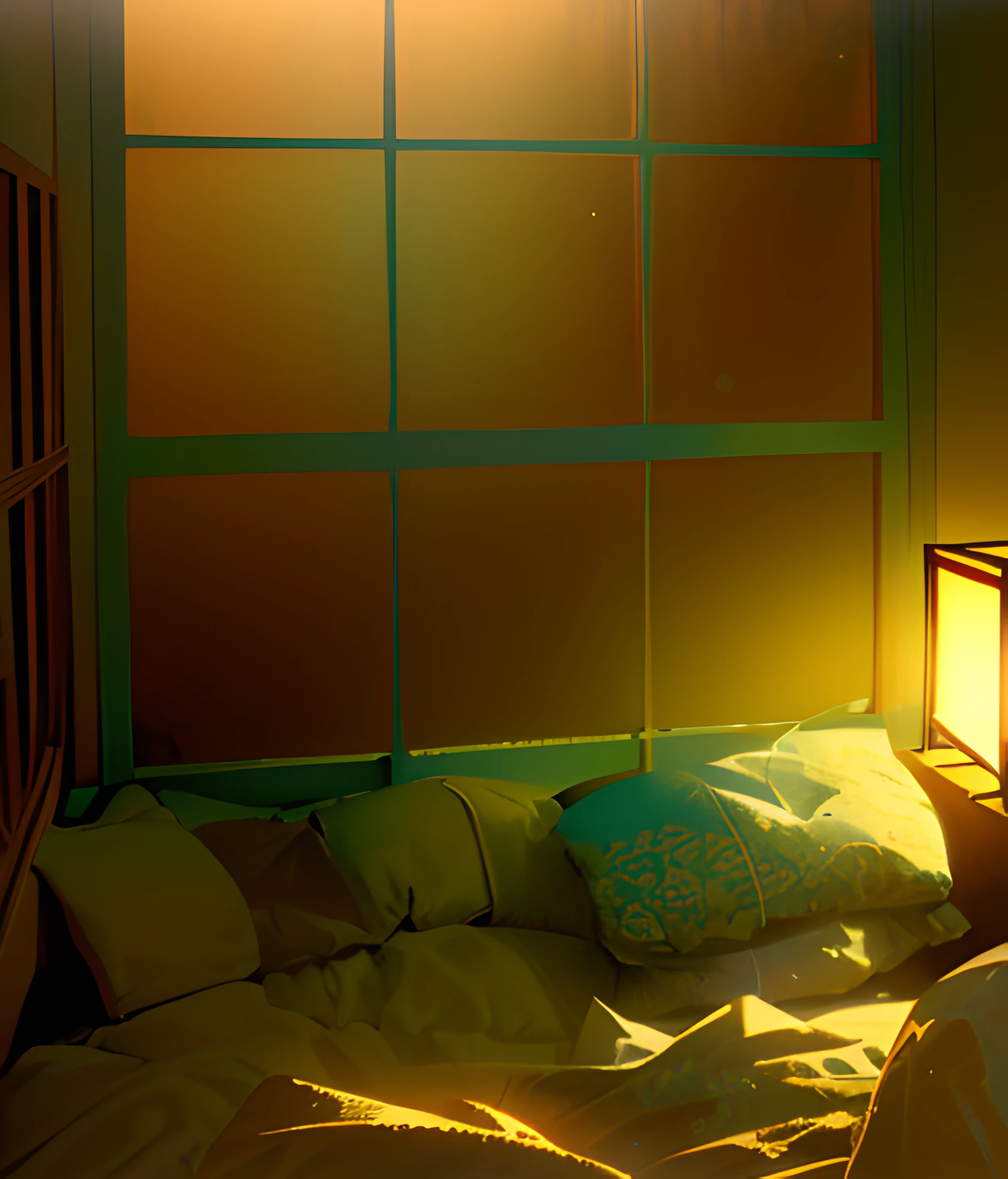 room at night, cama, melancholic environment, hard lighting, oscuro