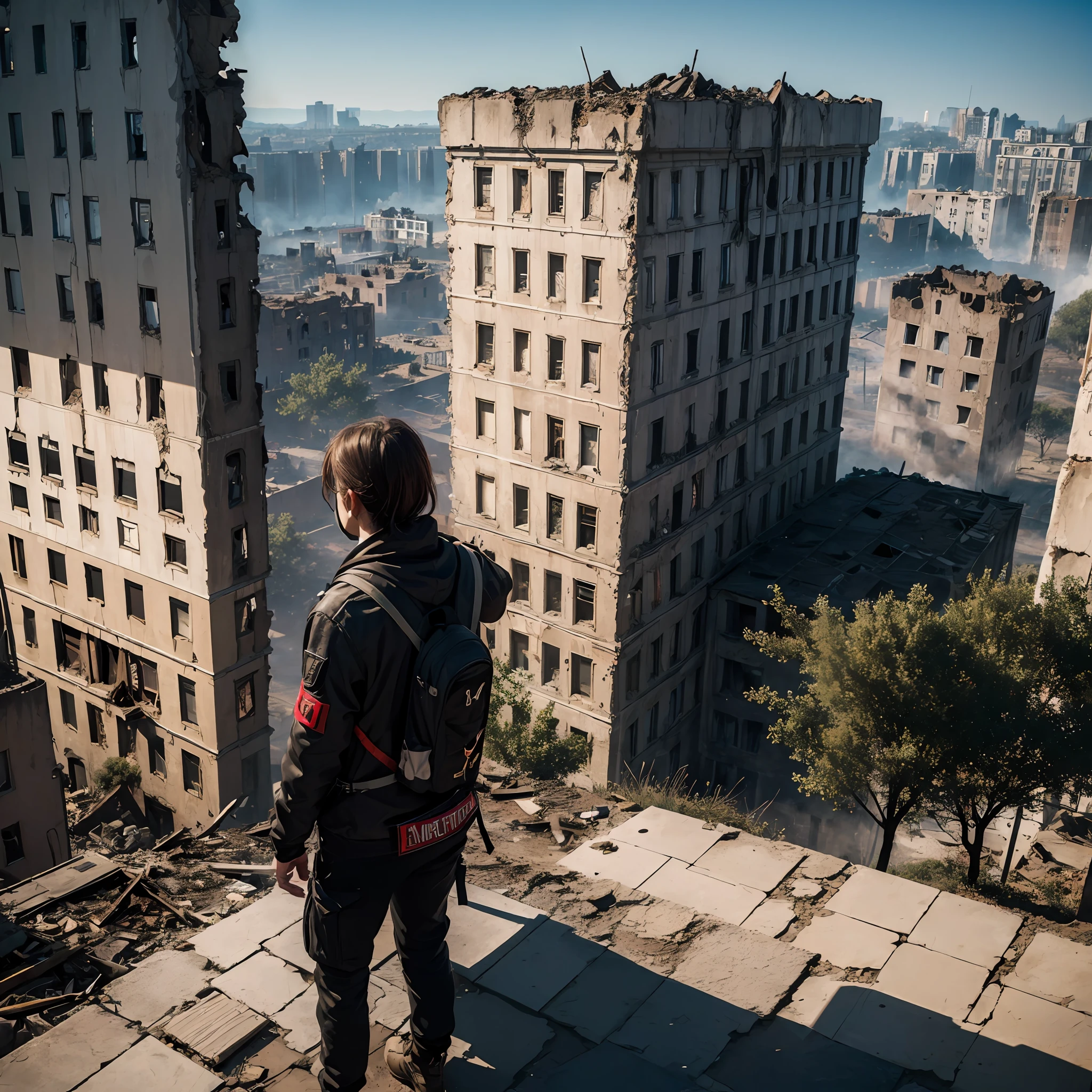 (beste-Qualit, 8K, tmasterpiece:1.3)). A ruined city. Fires. A ruined building. Sniper aim from the window
