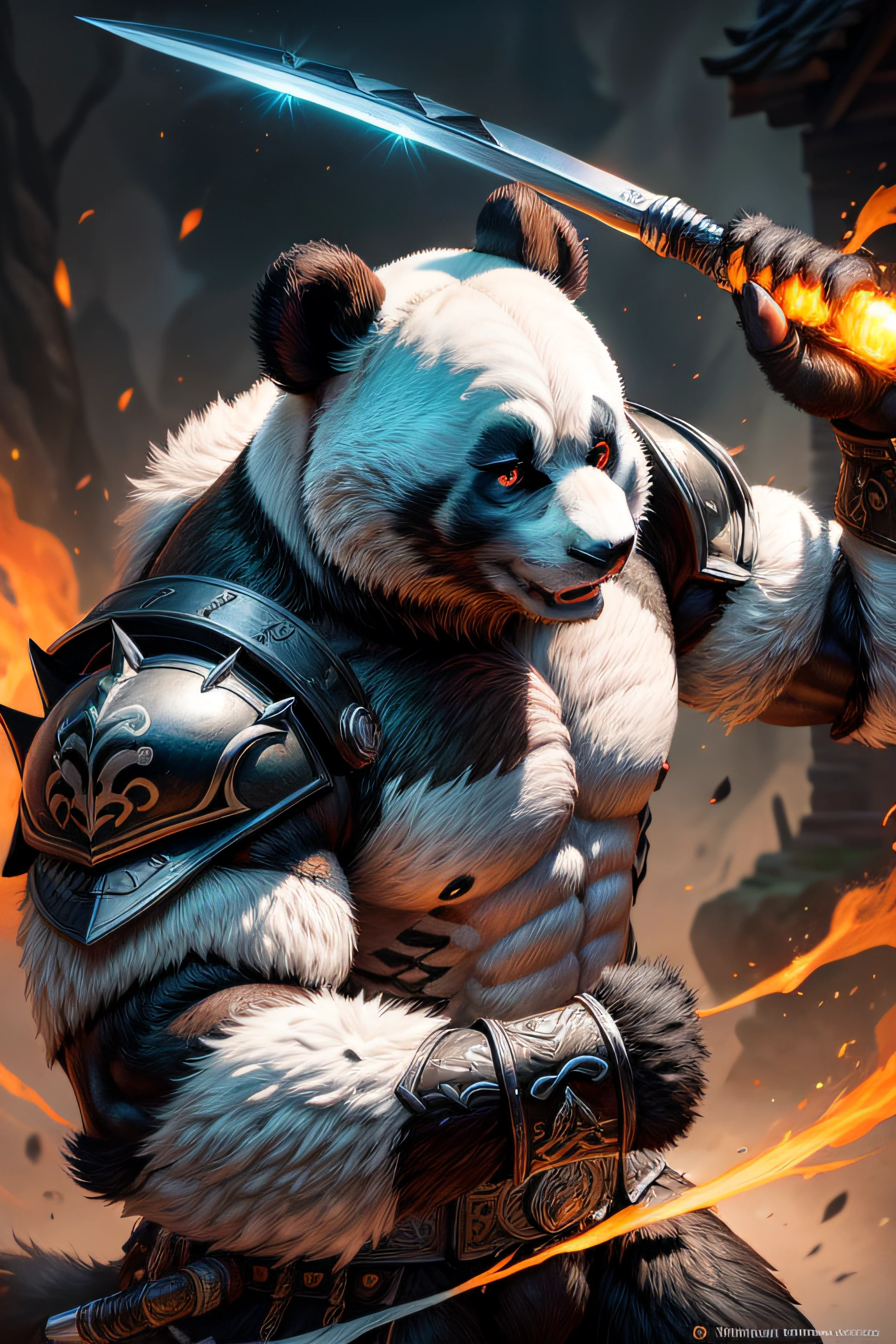 Digital Art of a Fierce Panda Warrior, a formidable and noble creature with a strong presence. The panda warrior stands tall, their black and white fur shimmering under the moonlight. Their muscular physique is accentuated by intricately designed armor, adorned with symbols of strength and honor. In their hand, they wield a mighty halberd, its blade gleaming with an otherworldly energy. The warrior's piercing gaze exudes confidence and wisdom, a testament to their years of training and experience. The digital art features a dynamic composition, with dramatic lighting and vibrant colors, showcasing the panda warrior in all their glory. --s 1000