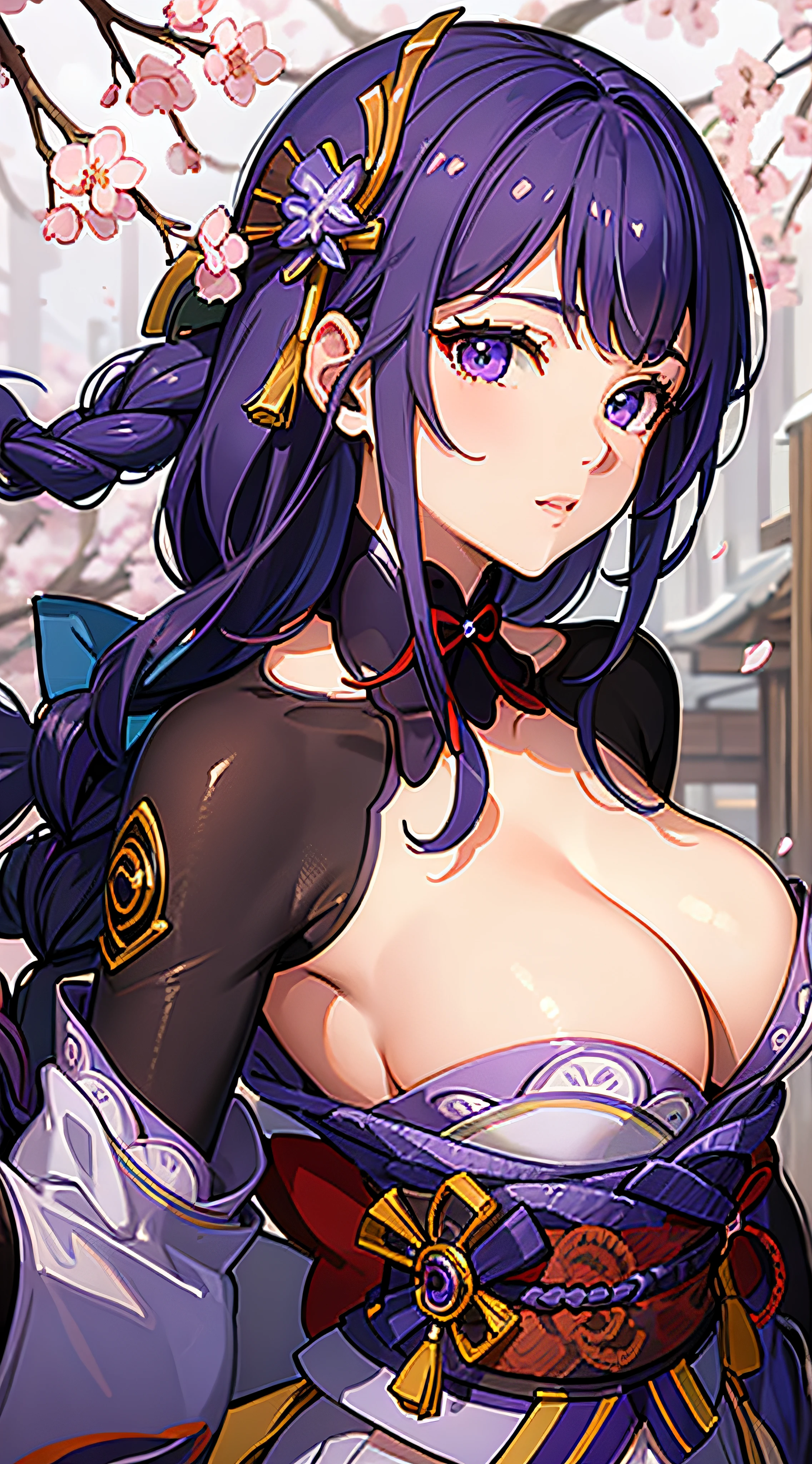 (ultra-detailed, beautiful), Raiden Shogun, cherry blossoms, medium breasts, (breast focus), (breasts out:1.2)