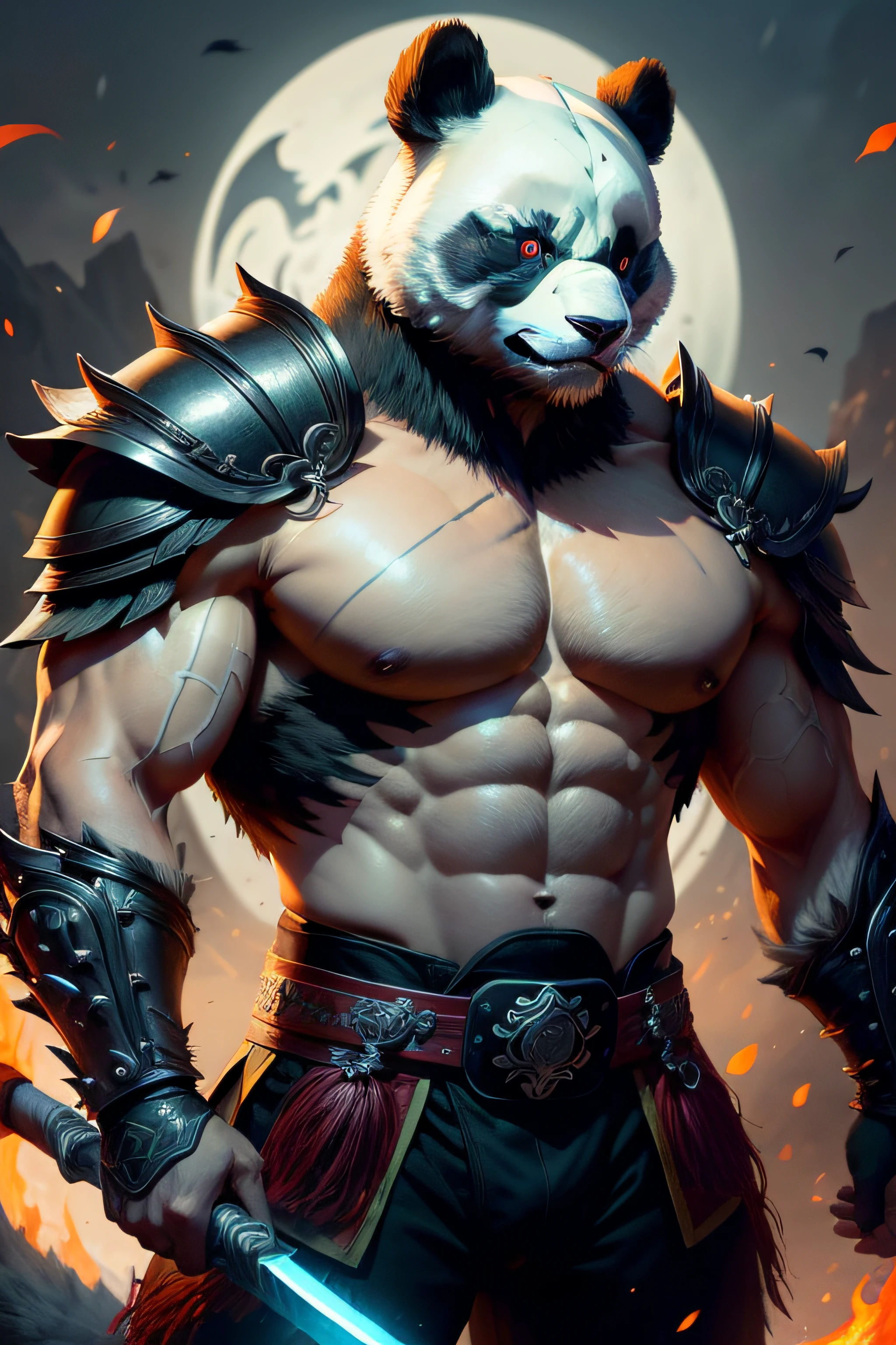 Digital Art of a Fierce Panda Warrior, a formidable and noble creature with a strong presence. The panda warrior stands tall, their black and white fur shimmering under the moonlight. Their muscular physique is accentuated by intricately designed armor, adorned with symbols of strength and honor. In their hand, they wield a mighty halberd, its blade gleaming with an otherworldly energy. The warrior's piercing gaze exudes confidence and wisdom, a testament to their years of training and experience. The digital art features a dynamic composition, with dramatic lighting and vibrant colors, showcasing the panda warrior in all their glory. --s 1000