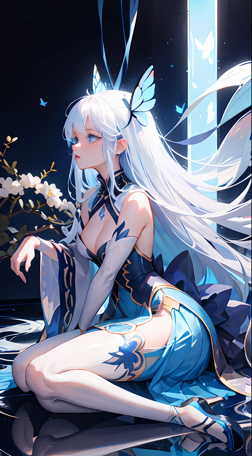 8K分辨率,Refined features,s the perfect face,Glowing skin,high detal,blue skirts,long white hair,blue color eyes,Flying blue butterflies,Raised sexy,plumw,Upright_straddle,sunraise,Eau,the sideview