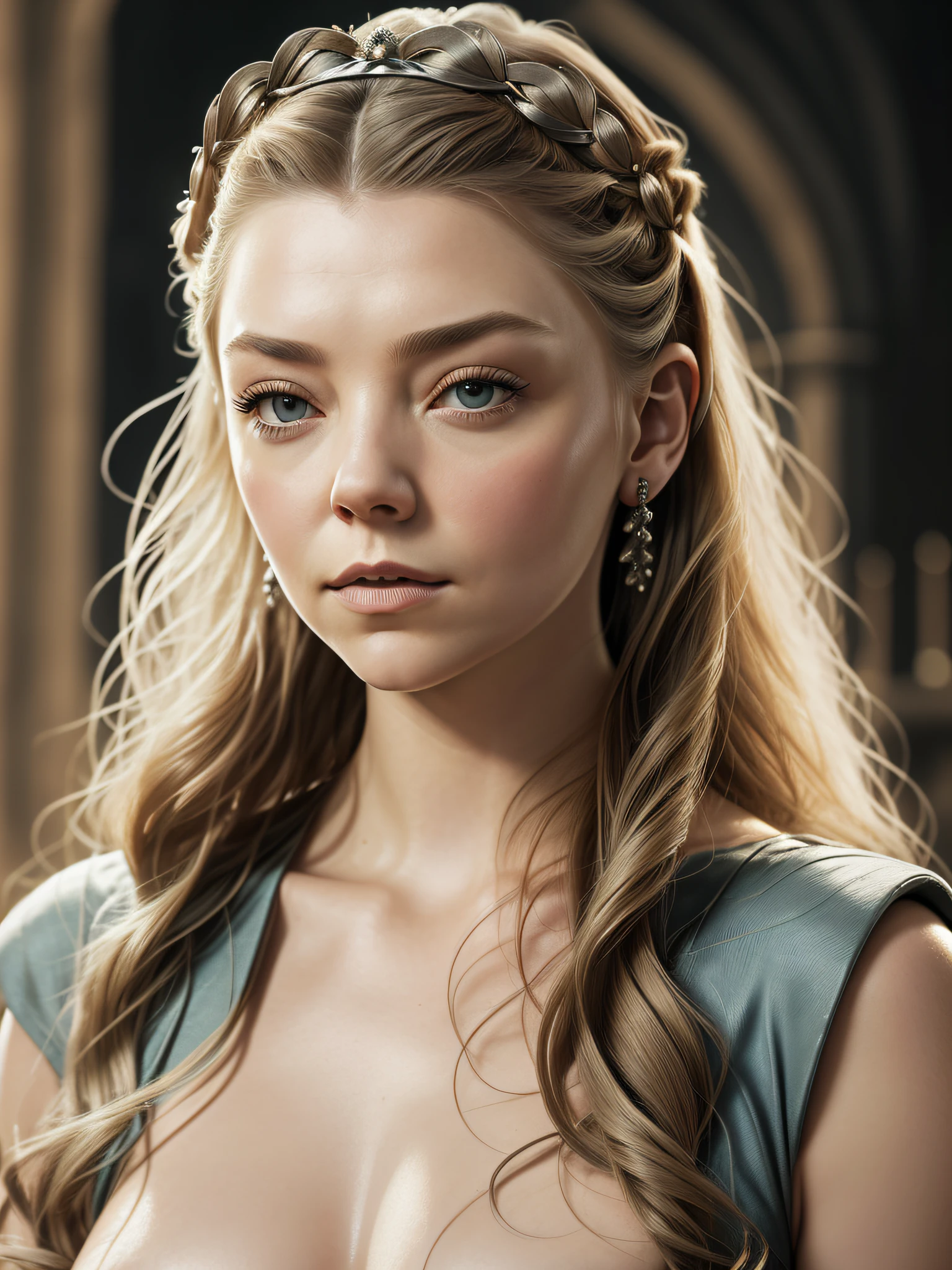 (Margaery Tyrell from the series "A Guerra dos Tronos"), inspirada em Natalie Dormer, auto retrato hiper-realista, 8k UHD, DSLR, grain of film, pintura fotorrealista Fujifilm XT3 arte midjourney, ((Auto retrato de corpo inteiro)), (Nsfw:1.24)