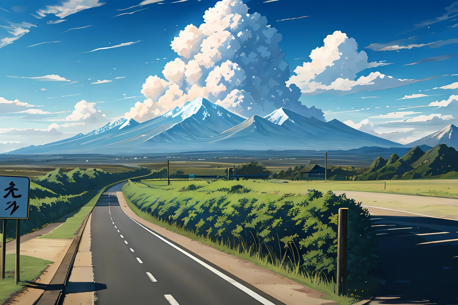 blue sky, bush, cumulonimbus, amakusa, mountain, no man, road, road sign, rural landscape, sign, sky, summer, sun tree