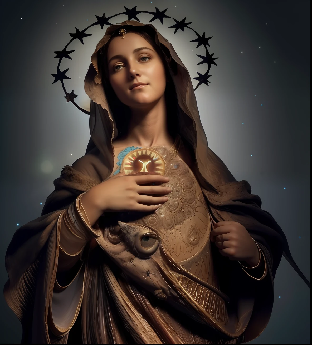 (((Blessed Virgin Mary))) Obra maestra, (La mejor calidad: 1.2), (super fine: 1.2), illustration, (extremadamente delicado y hermoso: 1.2), movie angle, flotante, (Hermoso ojo de detalle: 1.1), (detalle luz: 1.1), Movie Lights, Cielo delicado, ojos azules, (Cola de caballo alta: 1.1), capa, ojuelos, (luna: 1. 2), (Luz de la luna: 1.1), cielo estrellado, (light particles: 1.1) dibujo, flor. (Obra maestra), (La mejor calidad), (fotorrealista:1.3), 8k, Textura detallada de la piel, Textura detallada de la tela, Hermosa cara detallada, Detalles intrincados, Ultra detallado (cuerpo de cuerpo entero:1.2)