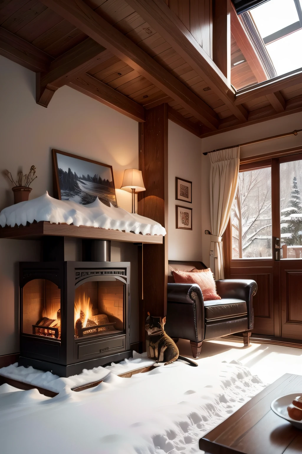 Lodge,Fireplace in the house,There is also a puppy kitten sleeping on the sofa,Heavy snow outside the house kept falling。