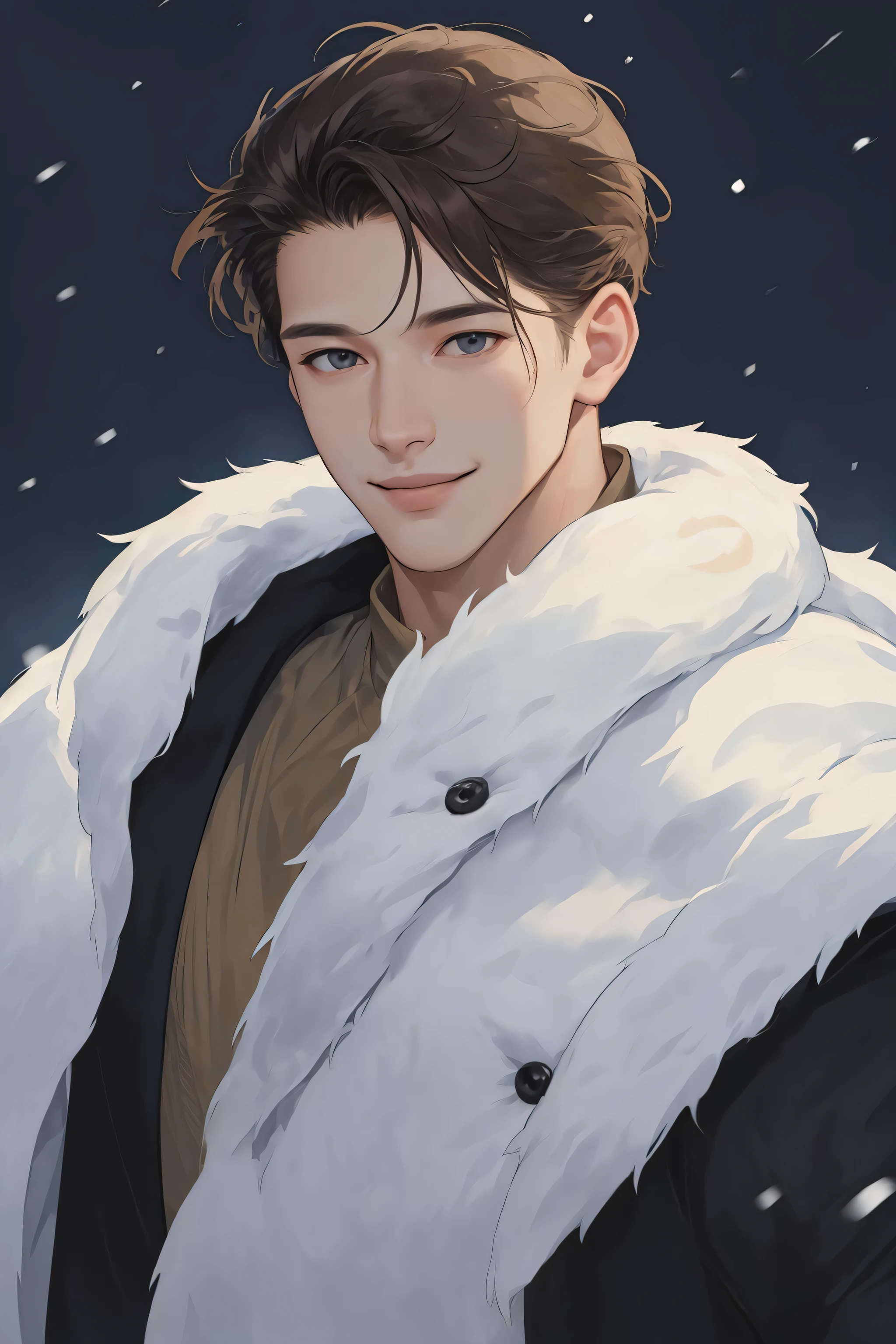 (absurdres, highres, ultra detailed, realistic), 1man, male focus, tall muscular, handsome, smile, closed mouth, suit, portrait, extremely detailed face, snowy winter night