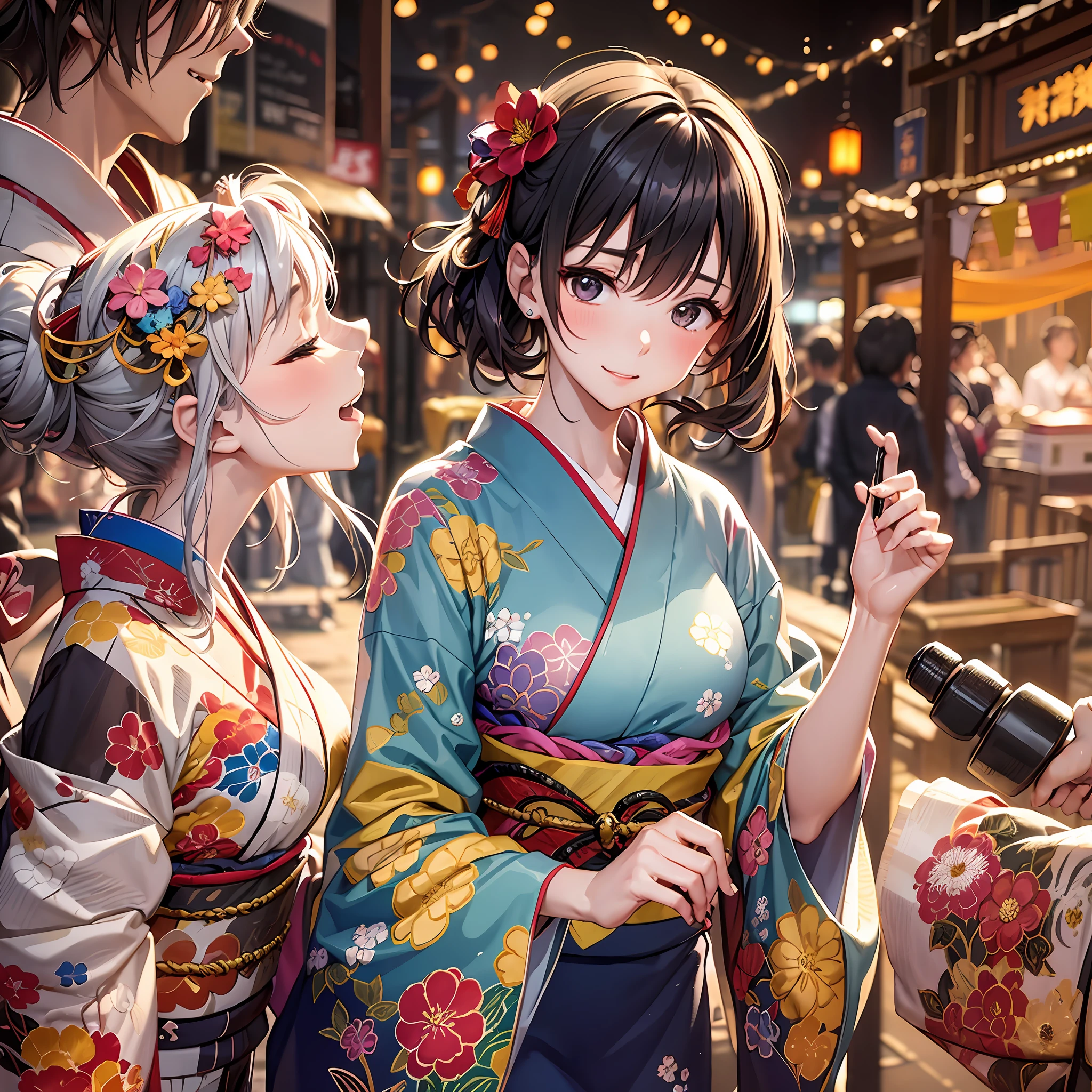 In a quaint town in Japan, the summer sun painted the skies with hues of gold, and an 18-year-old beautiful girl named Hana was filled with excitement as she prepared for the local summer festival. With her sparkling eyes reflecting the joy of the season and her hair adorned with delicate floral pins, Hana's allure mirrored the timeless beauty of the traditional Yukata she had carefully chosen to wear.

As the day of the festival arrived, the air buzzed with anticipation. The streets were lined with colorful stalls, each adorned with paper lanterns that swayed gently in the breeze. The aroma of sizzling takoyaki and cotton candy filled the air, creating an enticing symphony of scents.

Hana donned her Yukata with grace, the vibrant patterns reflecting the liveliness of summer. The fabric draped elegantly around her, and she tied the obi with practiced precision, a symbol of her readiness to embrace the festivities.

In the heart of the festival, Hana found herself amidst a sea of people, their laughter and chatter mingling with the sounds of traditional taiko drums and shamisen music. Her heart fluttered with excitement as she joined the merry throng, eager to partake in the cultural treasures the festival had to offer.

At the traditional games corner, Hana tried her hand at Yo-yo Tsuri, skillfully scooping goldfish with a paper net. Her delight knew no bounds as she won a small prize, cherishing it as a memento of the special day.

With each step, Hana was captivated by the beauty of the festival's decorations. Multicolored streamers adorned the stalls, swaying in the summer breeze like whimsical ribbons. The paper lanterns illuminated the evening sky, casting a warm glow that enveloped the festival grounds in a magical aura.

As the sun began to set, Hana joined the crowd gathering around the main stage. Dancers in traditional attire performed graceful movements, their fans painted the air with a ballet of colors.