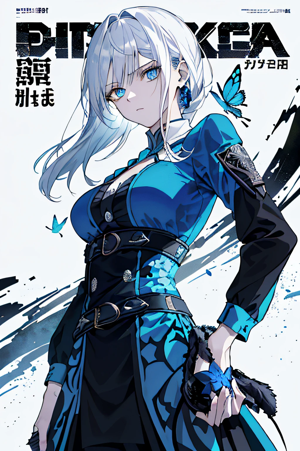 ((((Dramatic))), (((grittiness))), (((Intense))) The movie poster features a young woman as the central character。long white hair,blue color eyes,Blue butterflies fly,She stands confidently in the center of the poster,Wear fashion-forward blue clothing,with a determined expression on her face。The background is dark and gritty,There is a sense of danger and a strong feeling。The color palette is dominated by dark colors,Dotted with bright colors,Make the poster dynamic and visually striking,tachi-e (Magazines:1.3), (Cover-style:1.3), Fashionab, woman, vibrant, Outfit, posing on a, Front,rich colourful,dyna,Background with,element in,self-assured,Expressing the,halter,statement,Attachment,A majestic,coil,Runt,Touching pubic area,Scenes,text,Cover of a,boldness,attention-grabbing,titles,Fashionab,,more big,Smart、moderno、Trendy、focus-on、Fashionab、