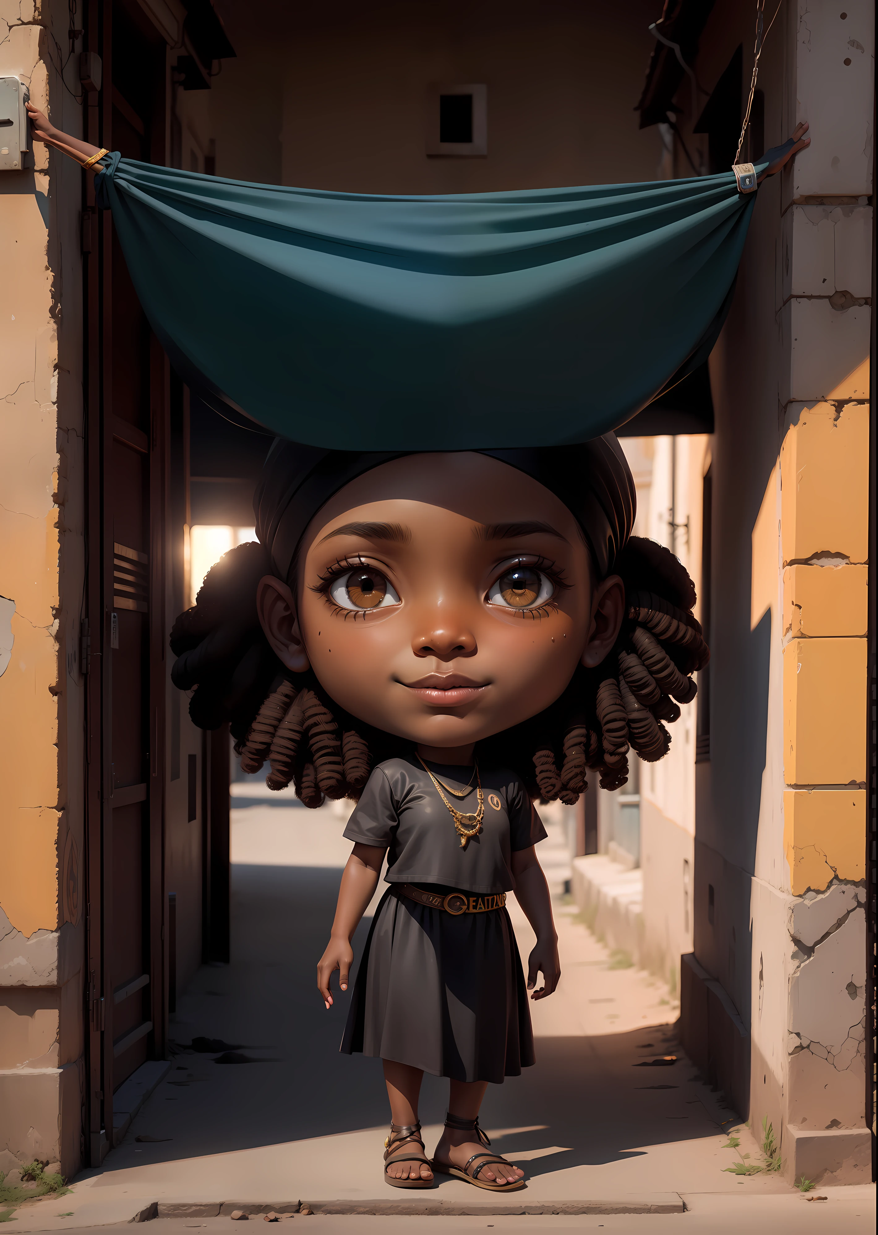 Brown girl with hands up, pele preta, Numa rua da cidade, dia ensolarado, claridade suave, cinematic shading, foto limpa. Clara 8k