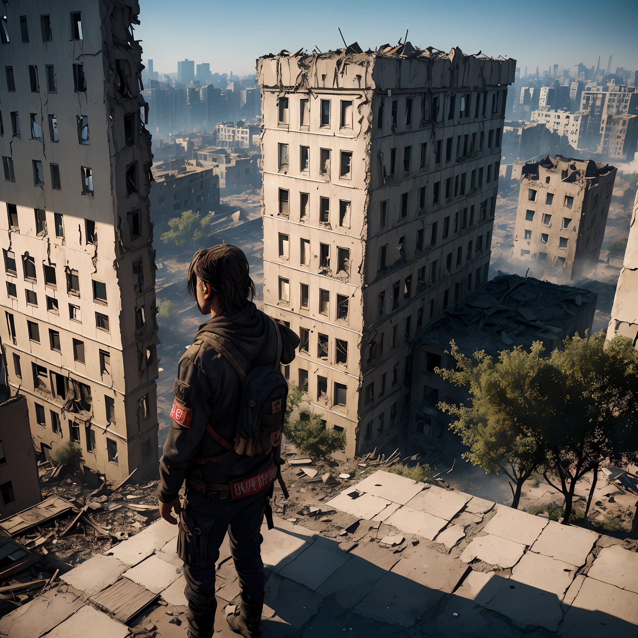 The Arafed Man, standing on the ledge and looking out over the city, In the city of the post-apocalypse, in a post apocalyptic city, in a ruined cityscape, ruined city in the background, outdoors ruined cityscape, in a post apocalyptic setting, post apocalyptic look, Fallout style in Istanbul, in a post-apocalyptic wasteland, ruined city in the background, ruined city in the background