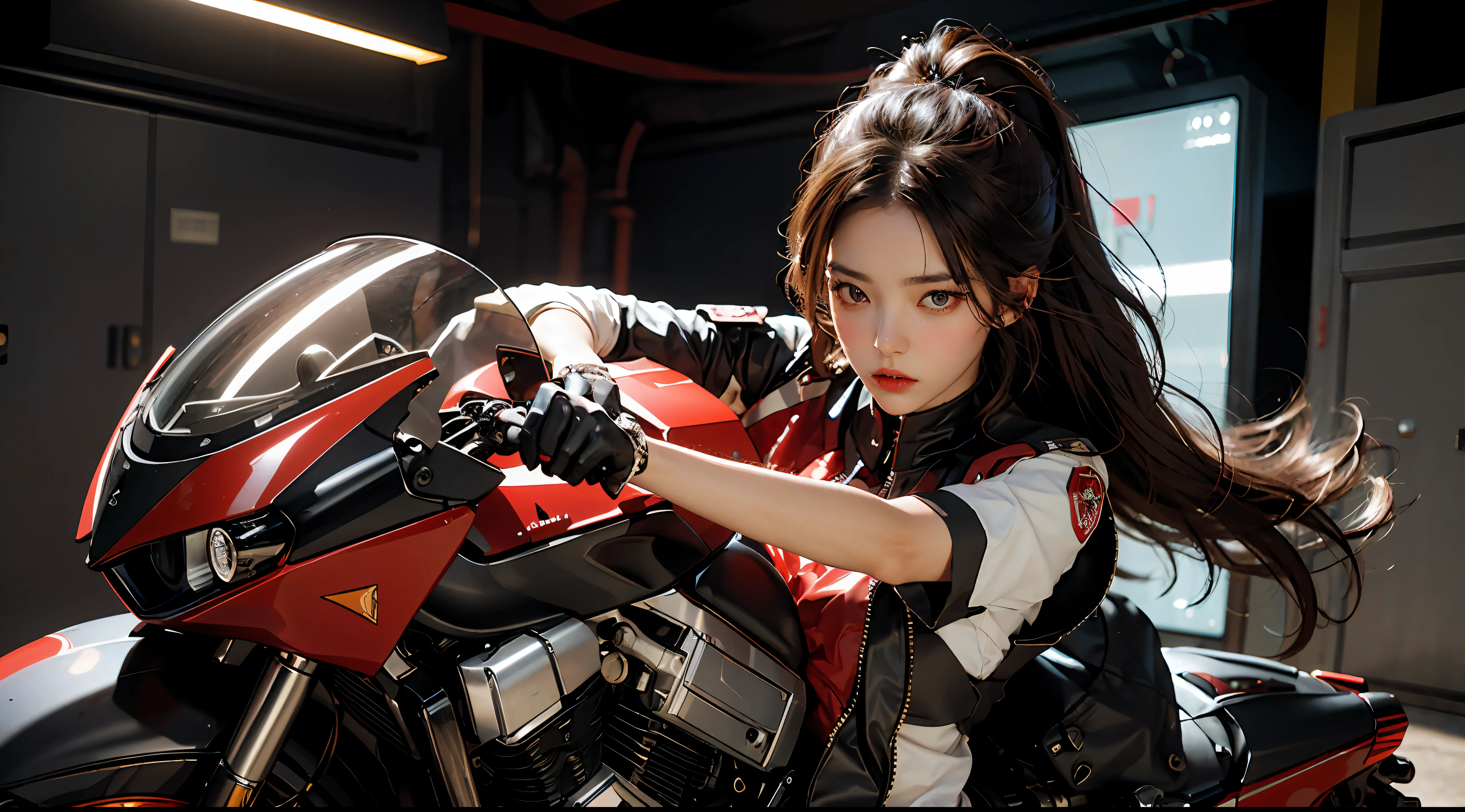 Highest image quality, outstanding details, super high resolution, (fidelity: 1.4), the best illustration, favor details, highly condensed 1girl, with a delicate and beautiful face, dressed in a red-black mech, (torn clothes: 1.5), (skirt), wearing a mecha helmet, holding a directional controller, riding on a motorcycle, the background is a high-tech lighting scene of the future city.