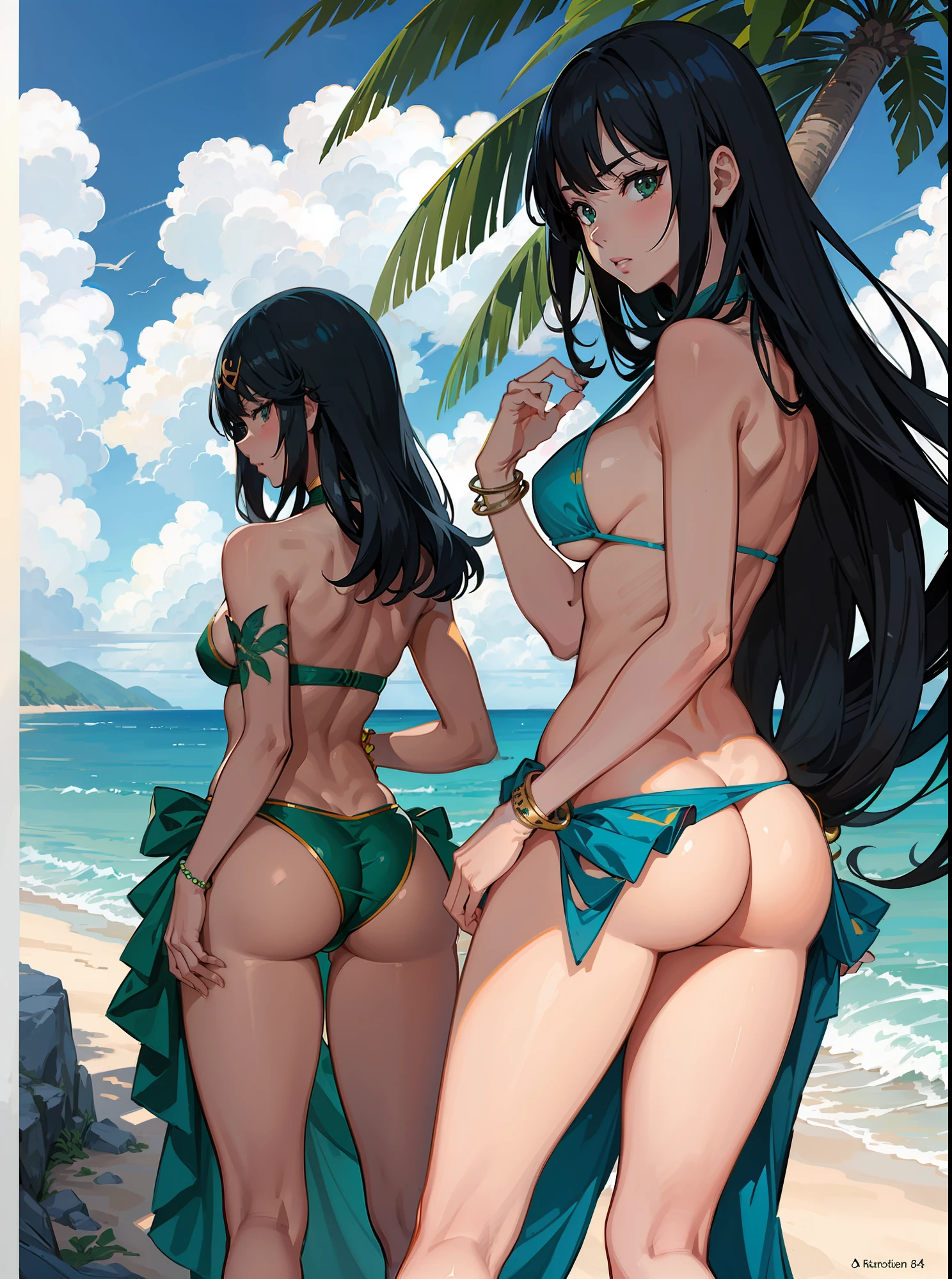Arafed woman in bikini posing on a beach with palm trees, Tatsumaki from One Punch Man, Cudesexyrobutts, Tatsumaki, Extremely detailed Artgerm, by Kentaro Miura, Realistic Bikini, Green Bikini, commission for high resolution, on a sunny beach, by Yoshihiko Wada, in a beach, on the beach, from behind, showing ass, thicc