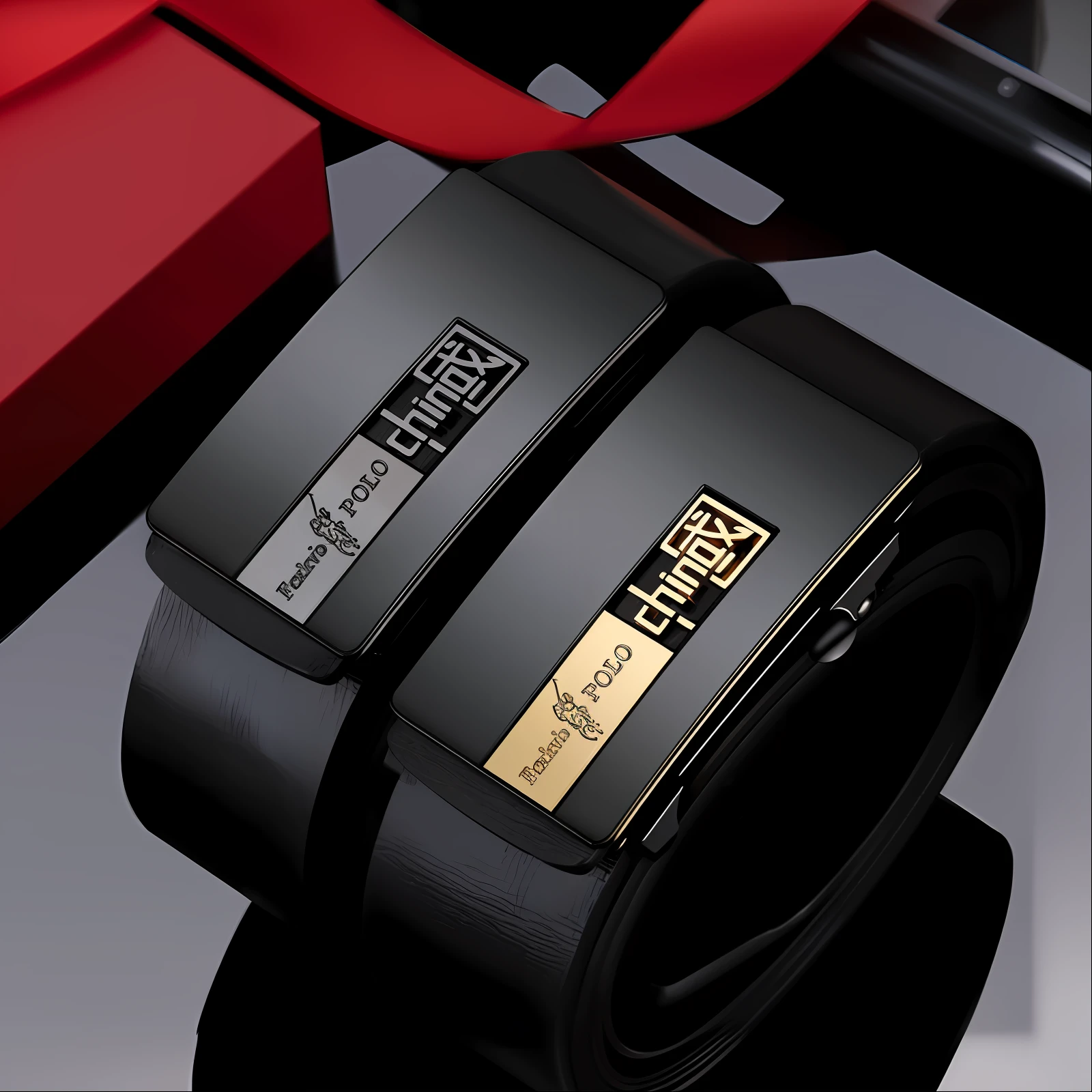 There is a black band with a gold buckle and a red box, h 7 0 4, H 576, red gold black, magic belt, h 1 0 8 0, Leather belt, h 7 6 8, H 768, Product photo, H 1088, - h 8 5 0 - w 6 0 0, black and red only