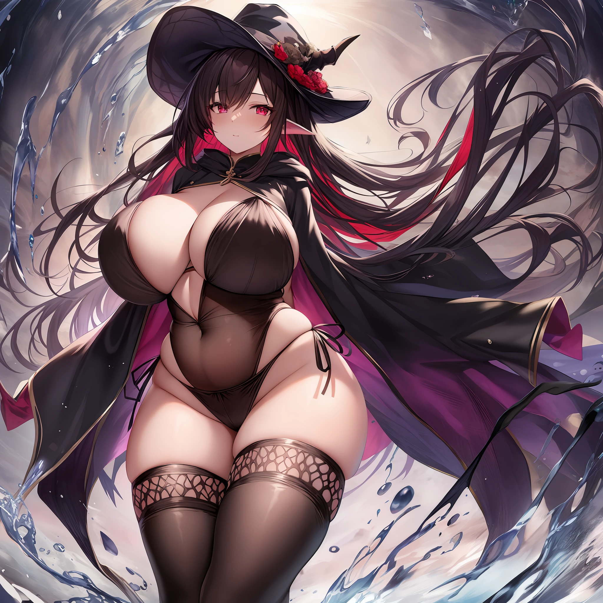 A full-body photo of a mature and plump wife wearing a bikini and sewn stockings,demon female,pionty ears,red_eyes，,black_hair,long wavy hair,AS-Adult,sl1ngsh07 slingshot bikini,a black cloak, standing on your feet， 独奏， huge_breasts， high heels,Wizard's Hat， Blushlush， tmasterpiece， Best quality at best， 详细的脸， Detailed eyes， high light，