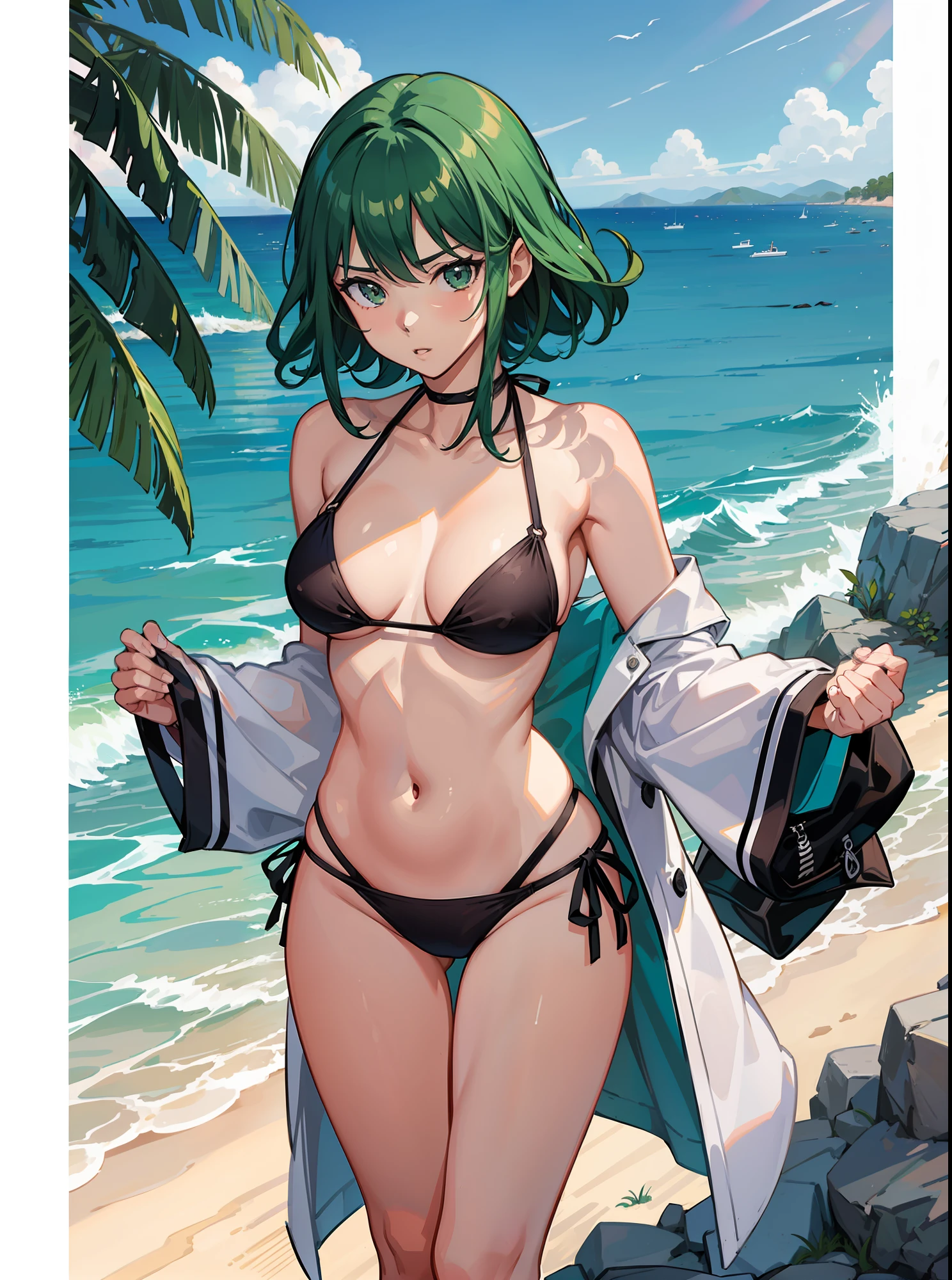 Arafed mujer en bikini posando en una playa con palmeras, Tatsumaki de One Punch Man, Cudesexyrobutts, Tatsumaki, Artgerm extremadamente detallado, por Kentaro Miura, Bikini realista, Bikini verde, commission for high resolution, en una playa soleada, por Yoshihiko Wada, en una playa, en la playa, de espalda, mostrando el culo, Thicc