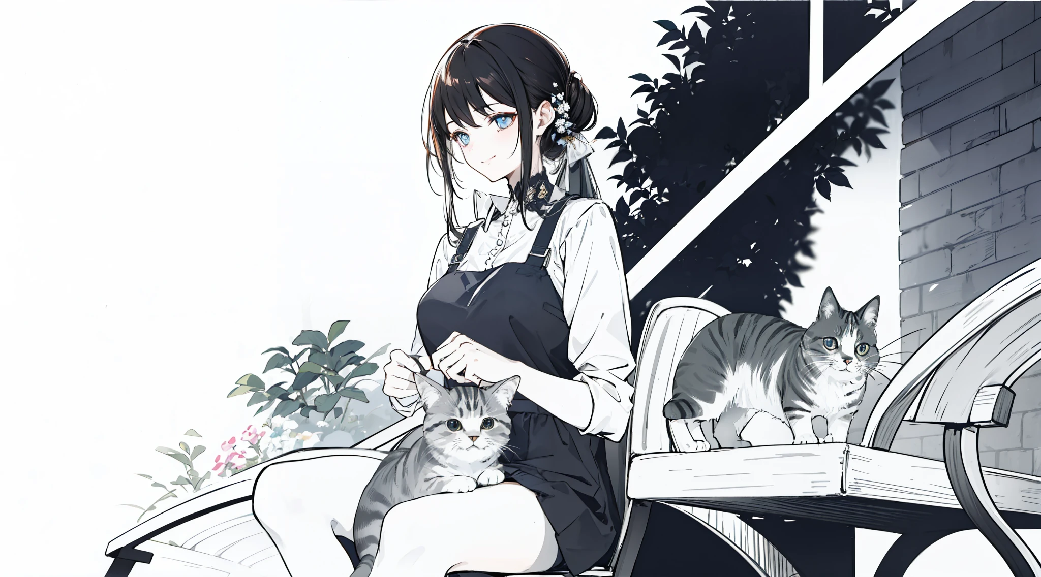 Made her sitting on the garden chair and holding a cat with warm smile