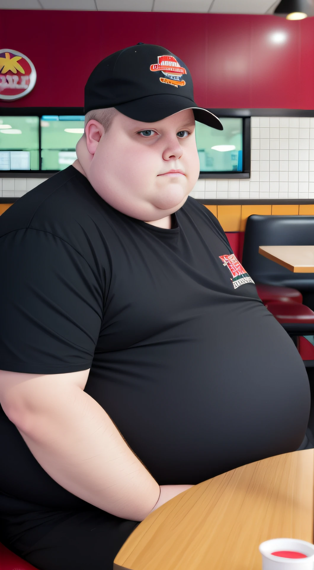 Morbid obese man looking at the camera sitting in a chair in a fast food restaurant