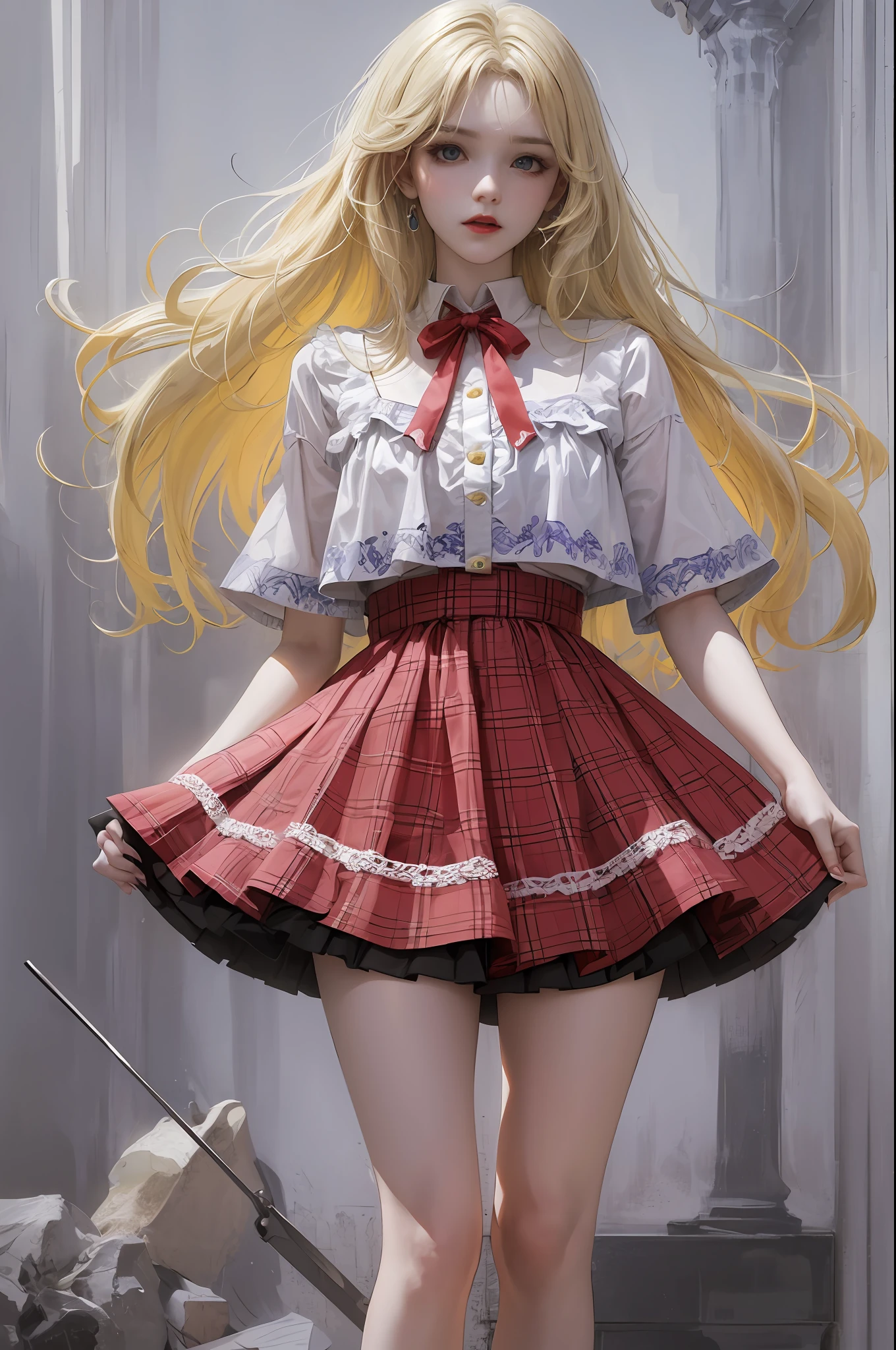 woman, straight blonde hair, blue ruffled lace top, red skirt, blue eyes, red lips, full body, white background --auto --s2