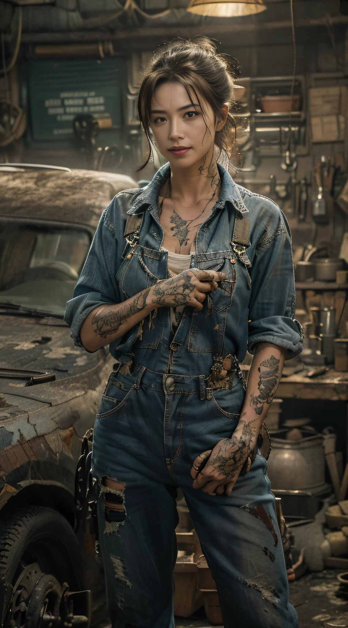 ((best quality)), ((masterpiece)), (detailed), mesmerizing and alluring female mechanic covered in grease,Confident smile，Look into the camera，(Dirty and rugged charm:1.2), (tough and confident demeanor:1.1), (mechanical expertise:1.3), disheveled hair, smudged face with a playful smirk, stained overalls clinging to her curves, (gritty tools of the trade:1.2), cluttered repair shop, scattered car parts, (authentic automotive ambiance:1.2), (intense gaze:1.1), gripping a wrench in her dirty hands, 8k resolution,looking at another, looking away,( tattoo:1.2), masterpiece, best quality,Photorealistic, ultra-high resolution, photographic light