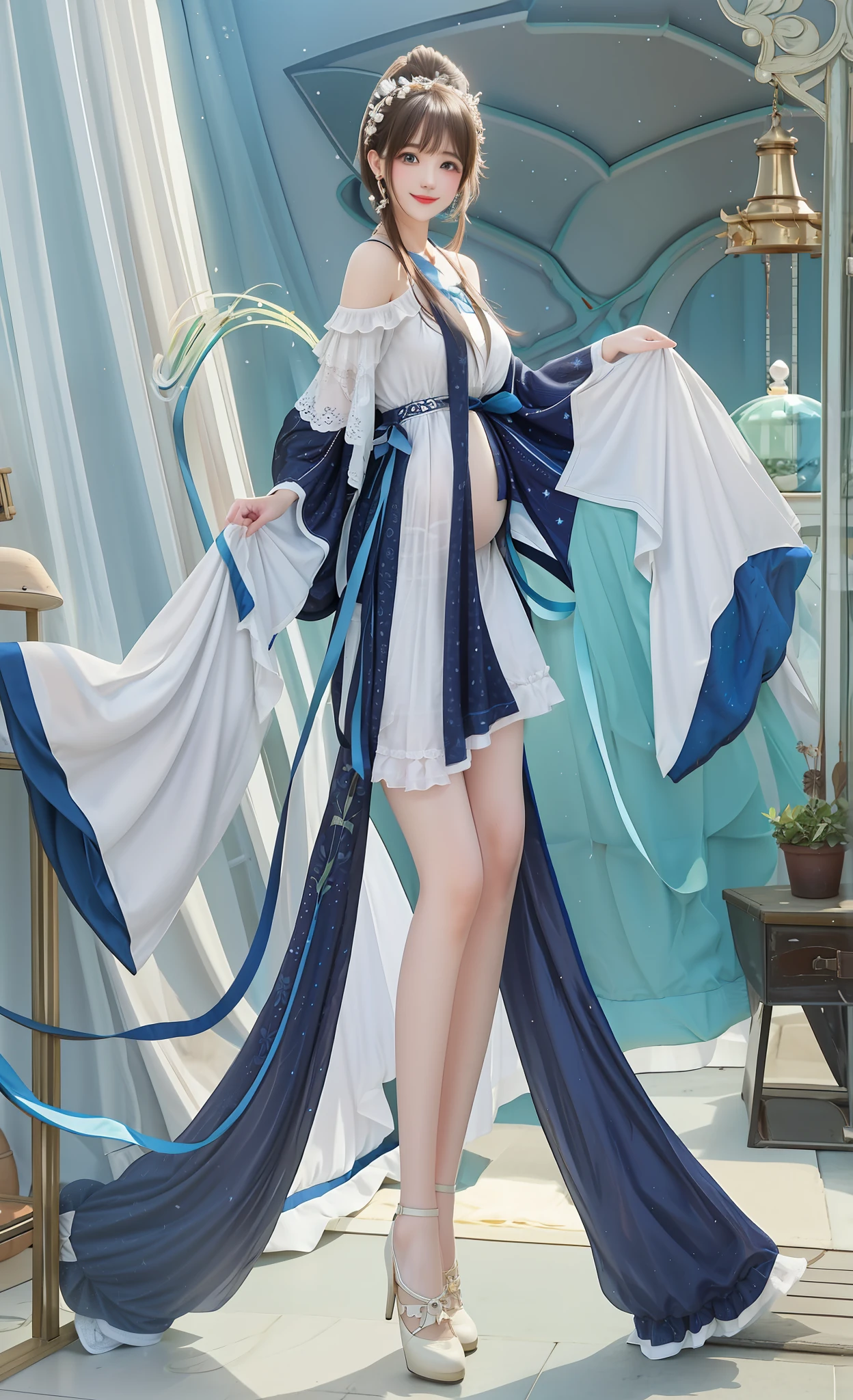 The pregnant quintet clothes are about to be burst by the stomach,It also shows its belly