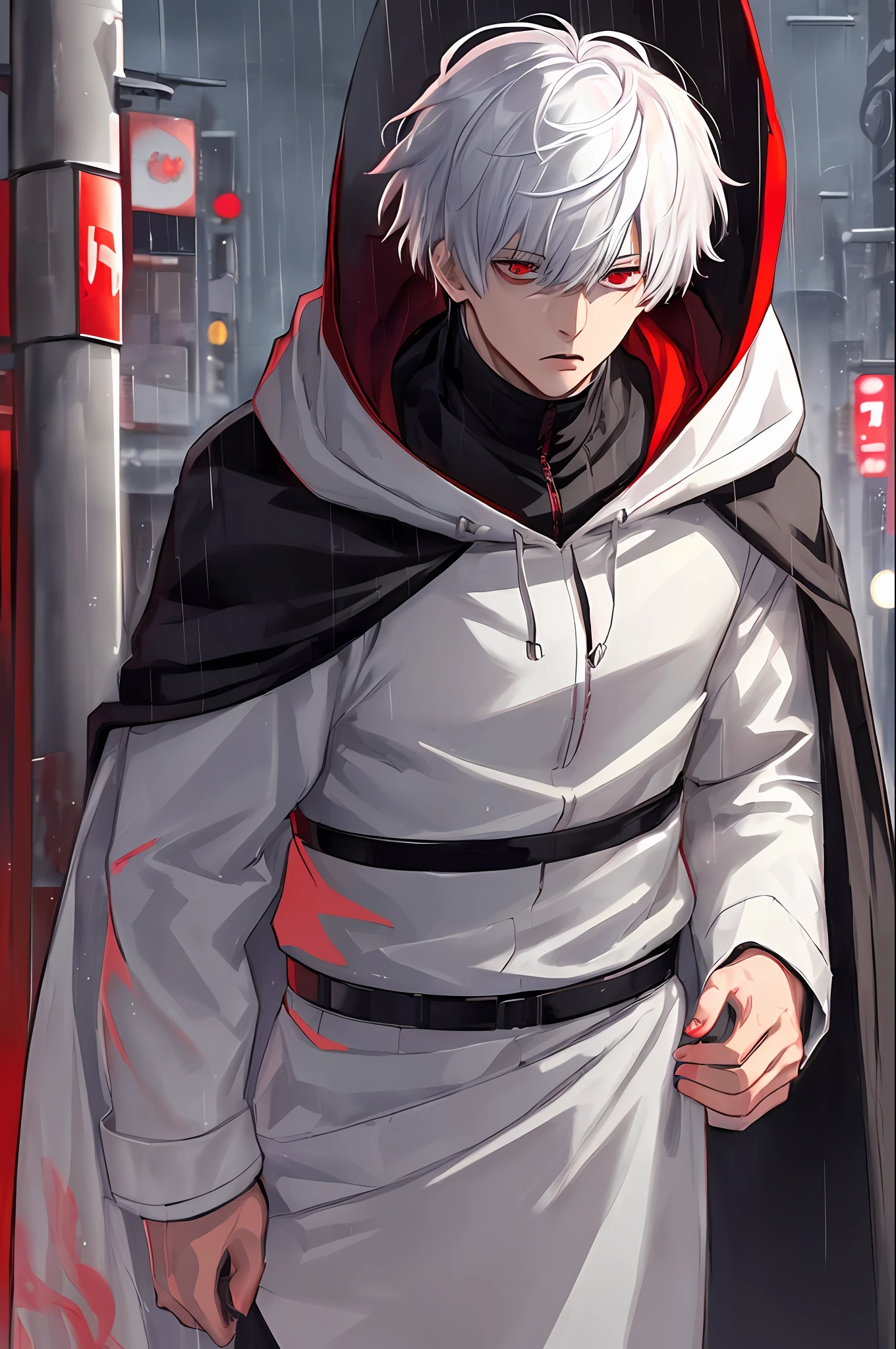 kk, best quality, more details, masterpiece, 1boy, kaneki ken, portrait, male focus, red eyes, solo, bangs, looking at viewer, hood, short hair, rain, tokyo tokyo \(city\),  hood up, nail polish, white hair, luxurious, 8k, detailed, ray tracing, depth of field, cinematic lighting,