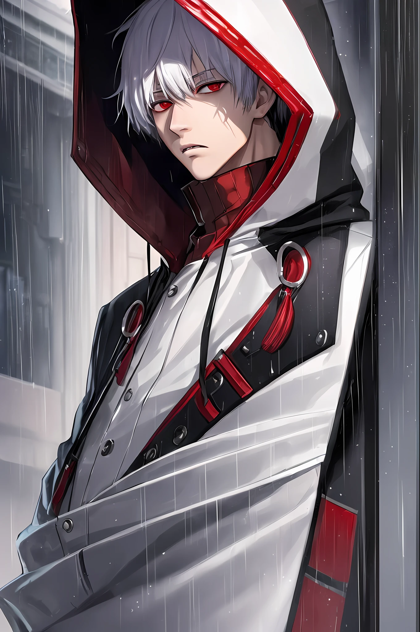 kk, best quality, more details, masterpiece, 1boy, kaneki ken, portrait, male focus, red eyes, solo, bangs, looking at viewer, hood, short hair, rain, tokyo tokyo \(city\), hood up, nail polish, white hair, luxurious, 8k, detailed, ray tracing, depth of field, cinematic lighting,